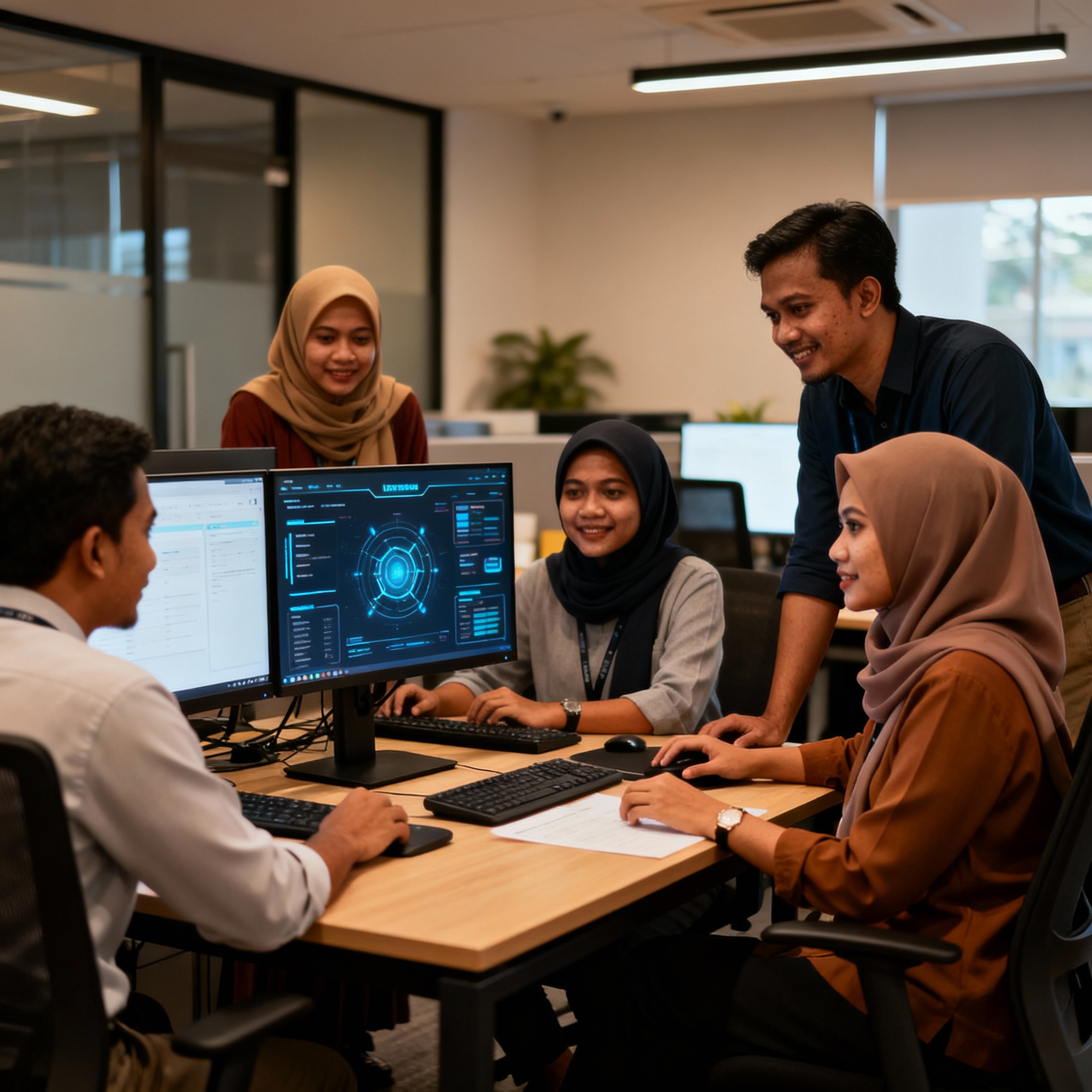 photo of Malaysian office with AI dashboard, warm lighting, setting, showing diverse team collaborating