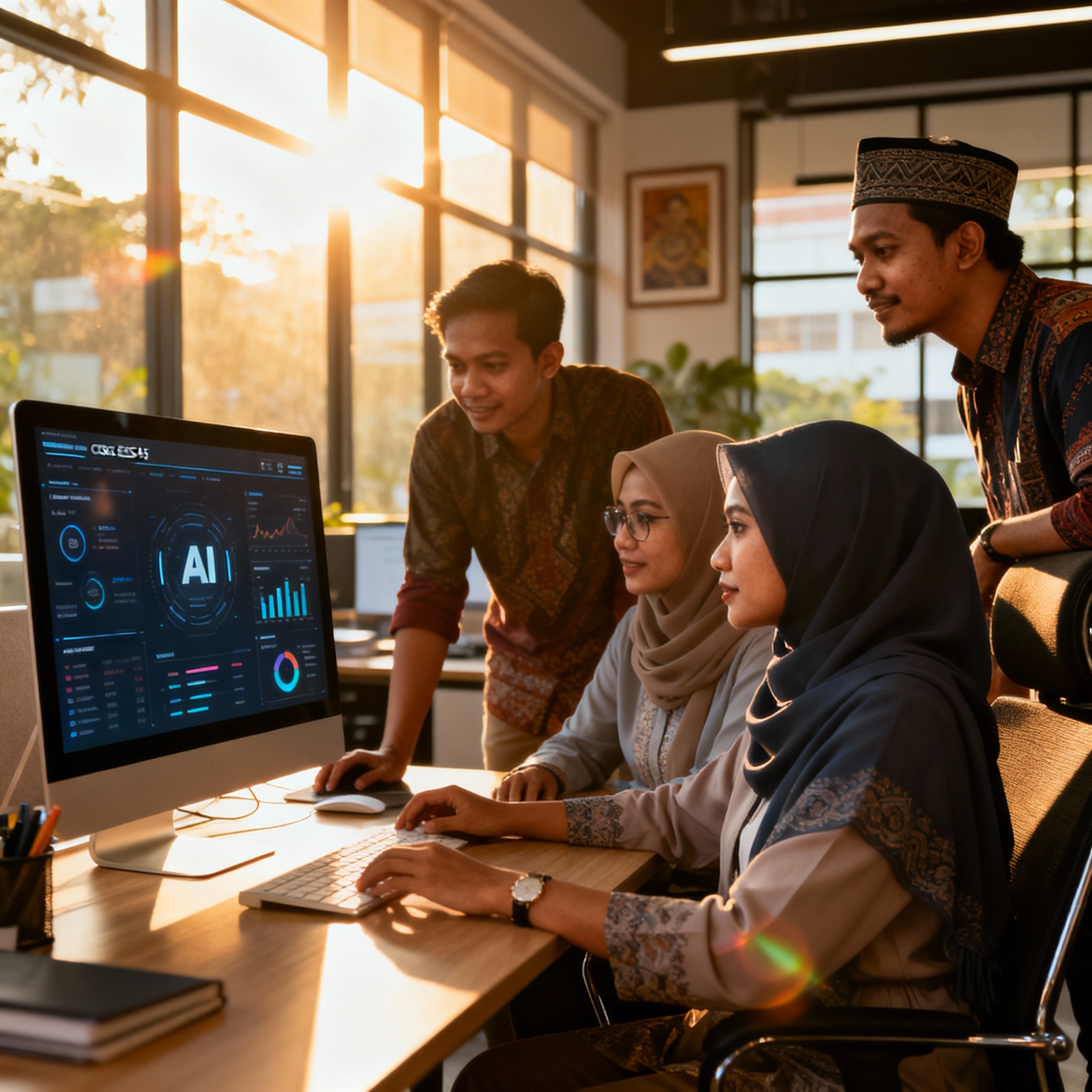photo of Malaysian office with AI dashboard, warm lighting, setting, multicultural team collaborating