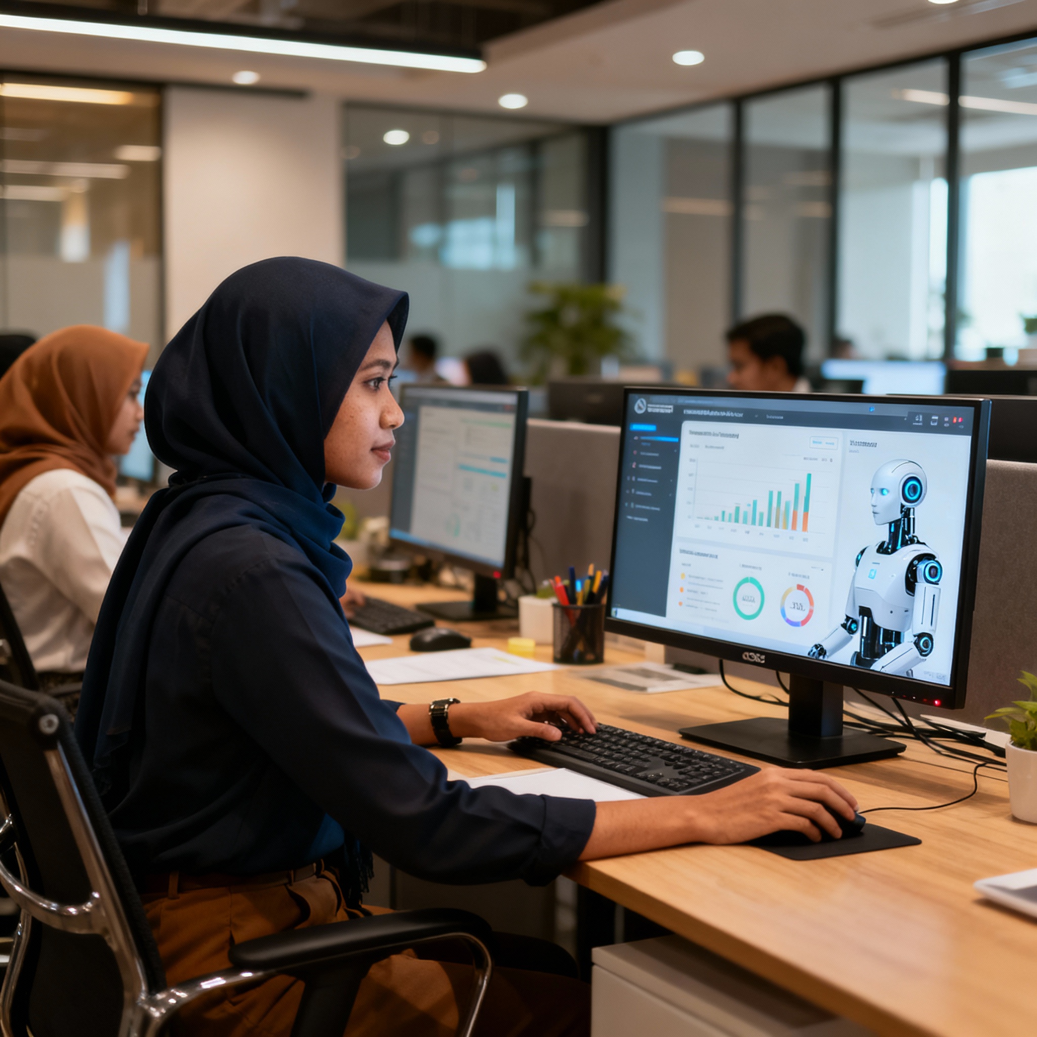 photo of Malaysian office with AI dashboard showing efficiency metrics, warm lighting, modern workspace