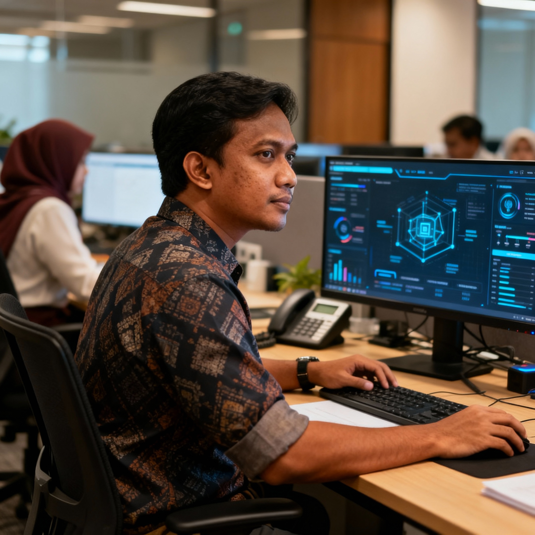 photo of Malaysian office with AI dashboard, warm lighting, setting, modern tech atmosphere