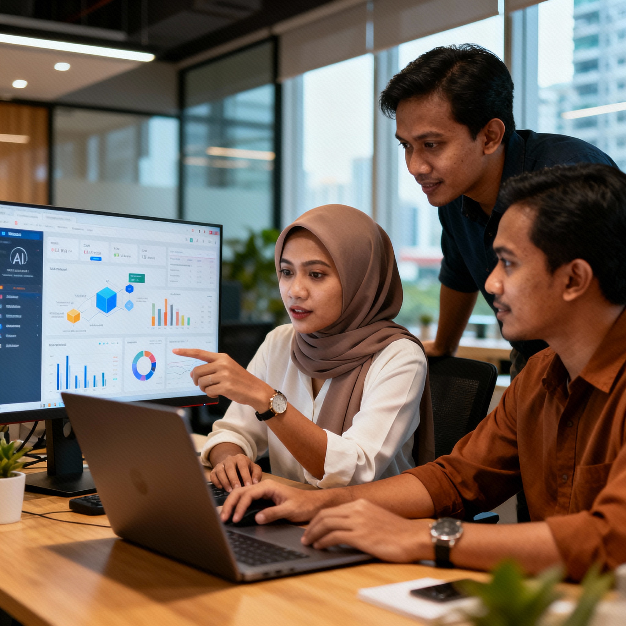 photo of Malaysian SME team analyzing AI marketing dashboard, modern office in Kuala Lumpur, warm lighting