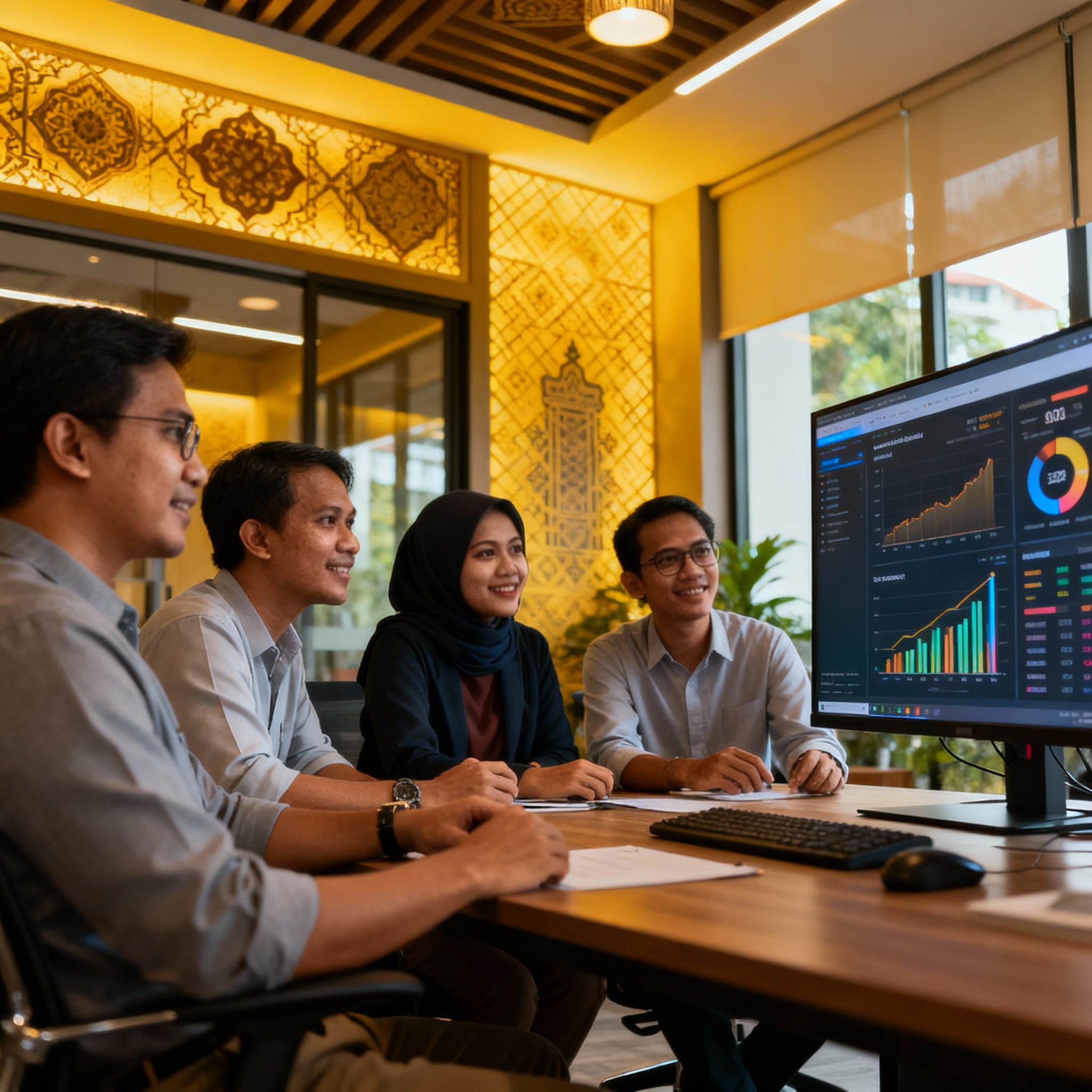 现代马来西亚办公室内部,展示数字仪表板的专业团队,温暖明亮的光线,体现科技感与本土特色