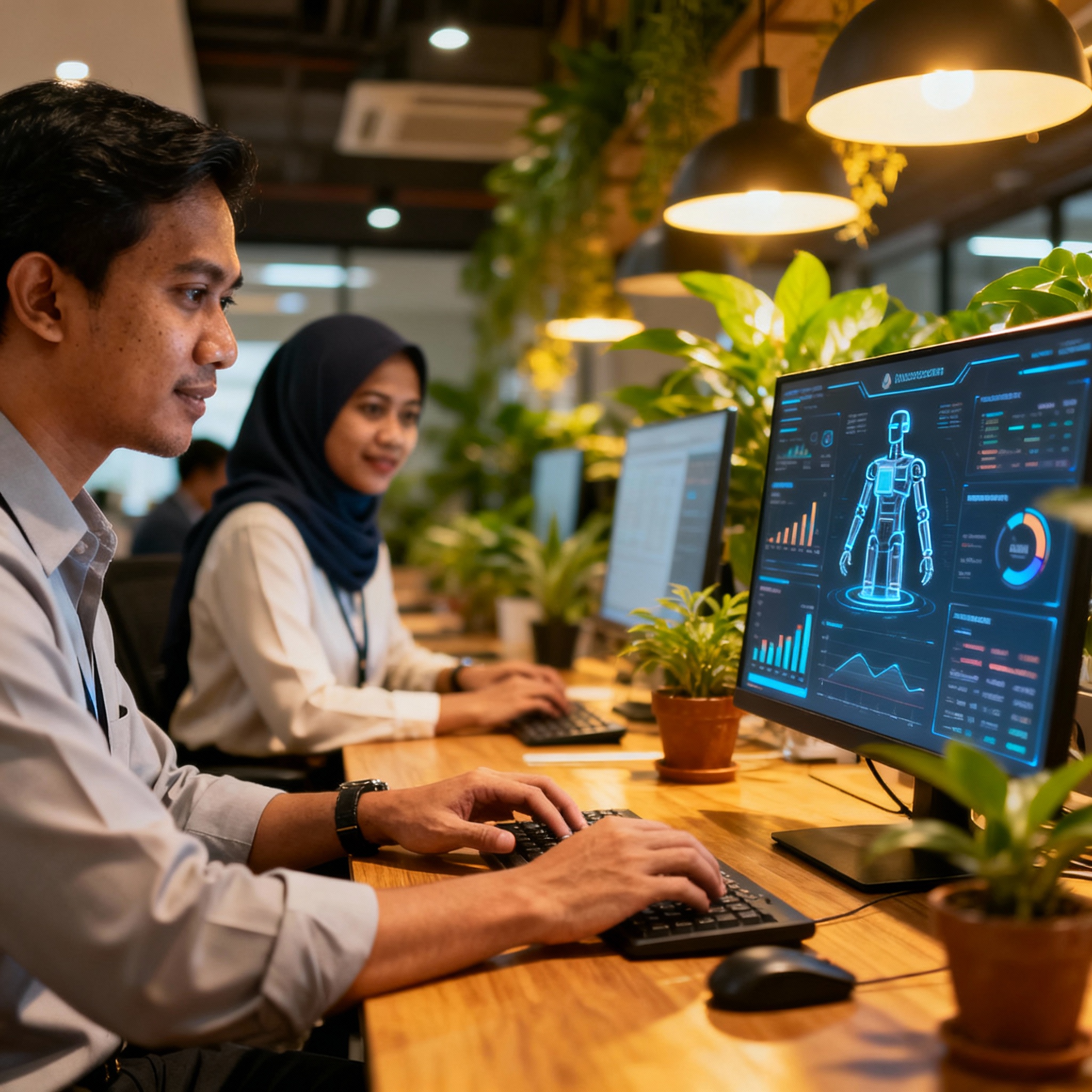 photo of Malaysian office with AI dashboard, warm lighting, setting, modern technology integration