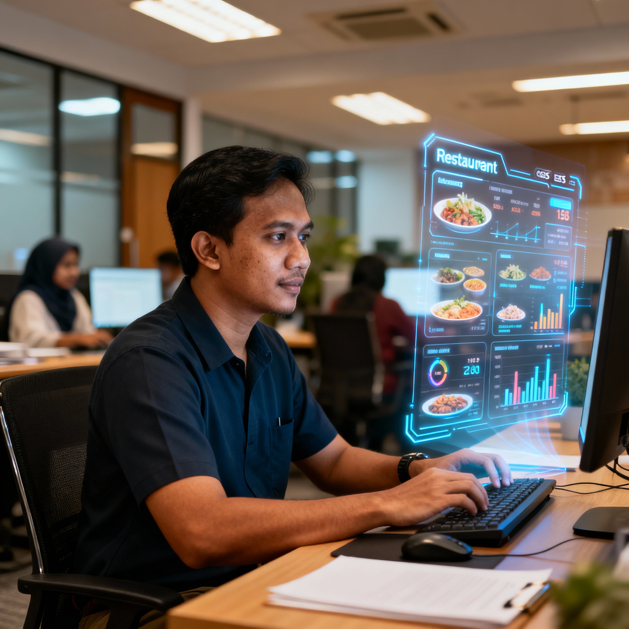 photo of Malaysian office with holographic AI dashboard, showing restaurant inventory analytics, warm lighting