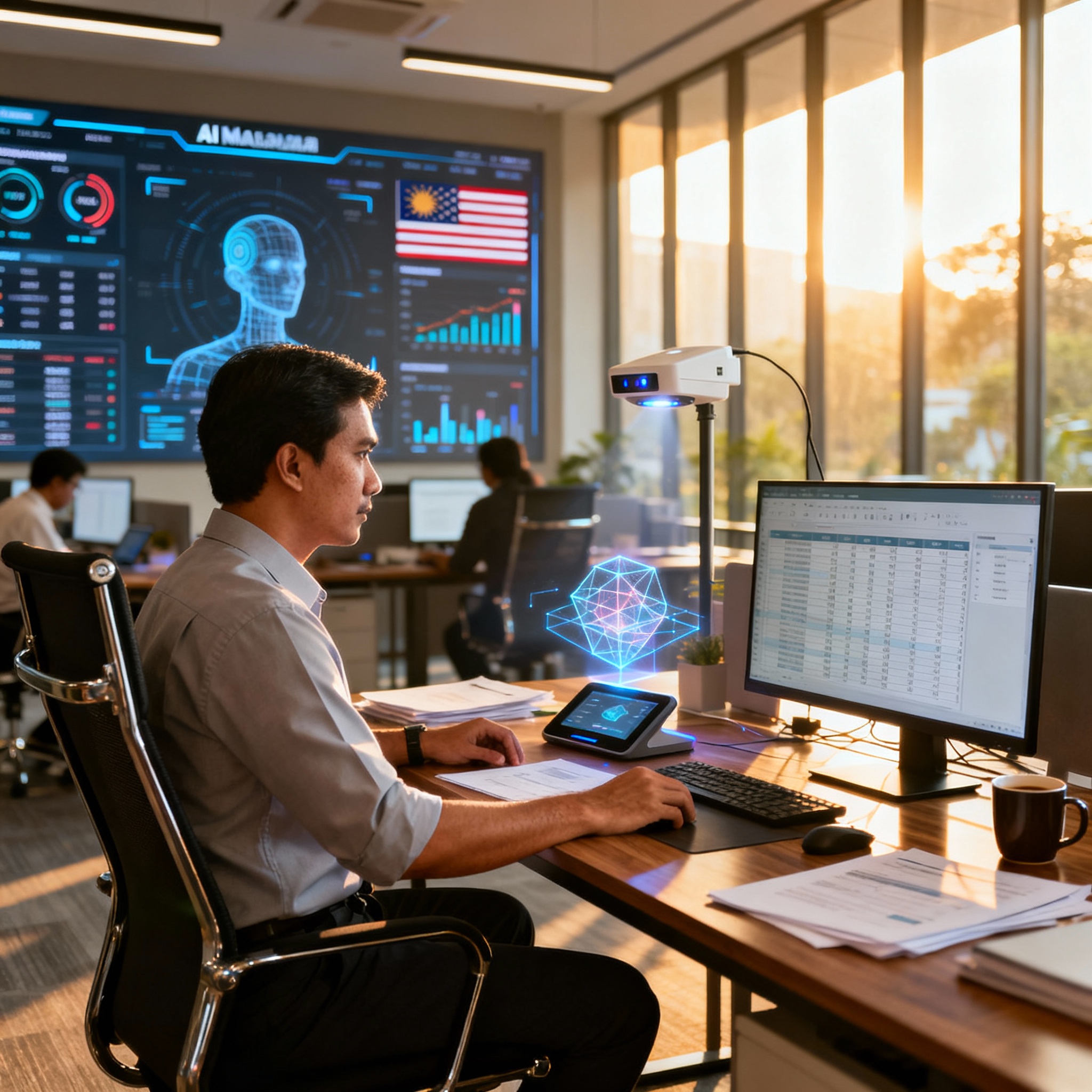 Suasana pejabat Malaysia moden dengan dashboard AI, pencahayaan lembut, suasana profesional dengan peralatan digital