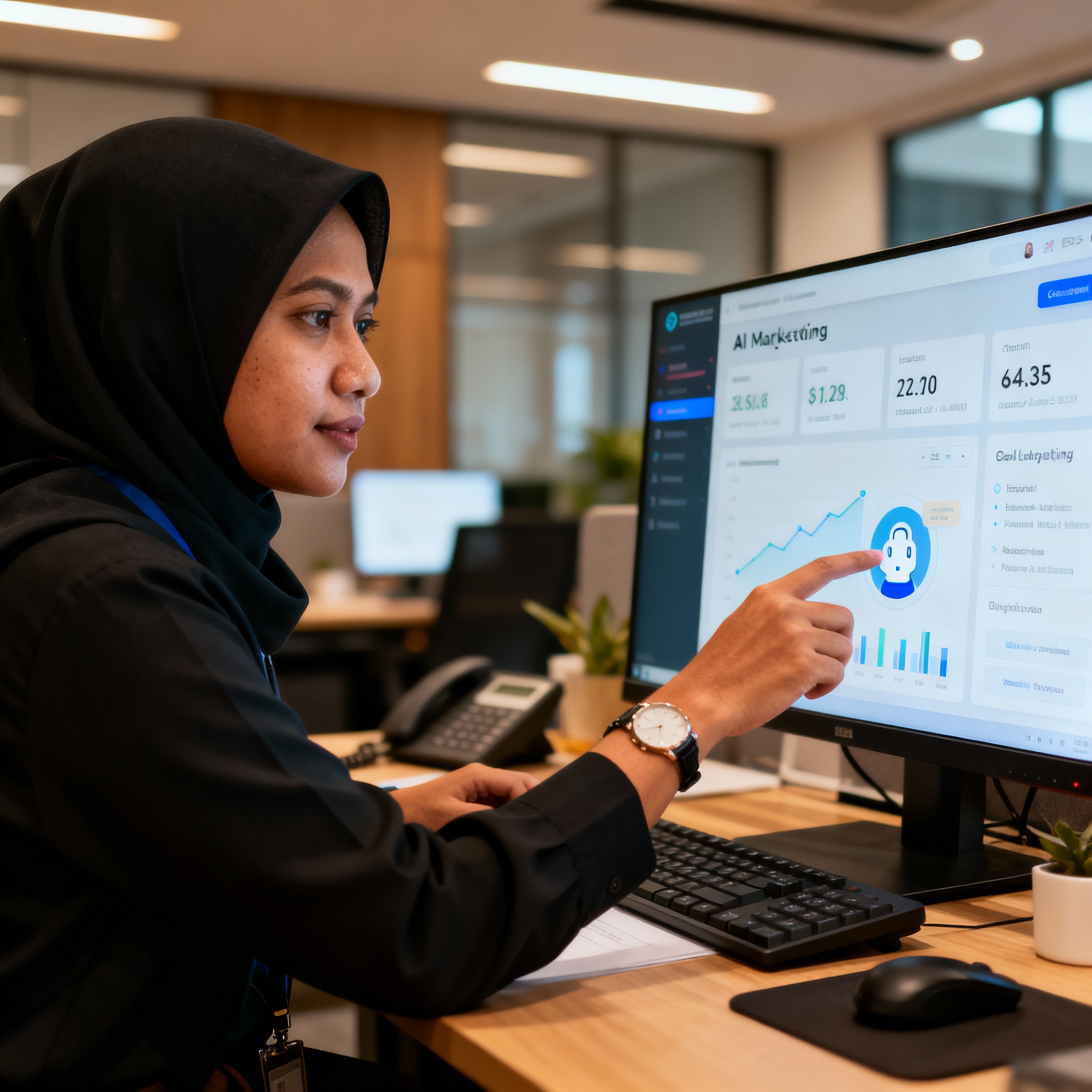 photo of Malaysian SME owner using AI marketing dashboard in modern office, warm lighting, Malay business setting
