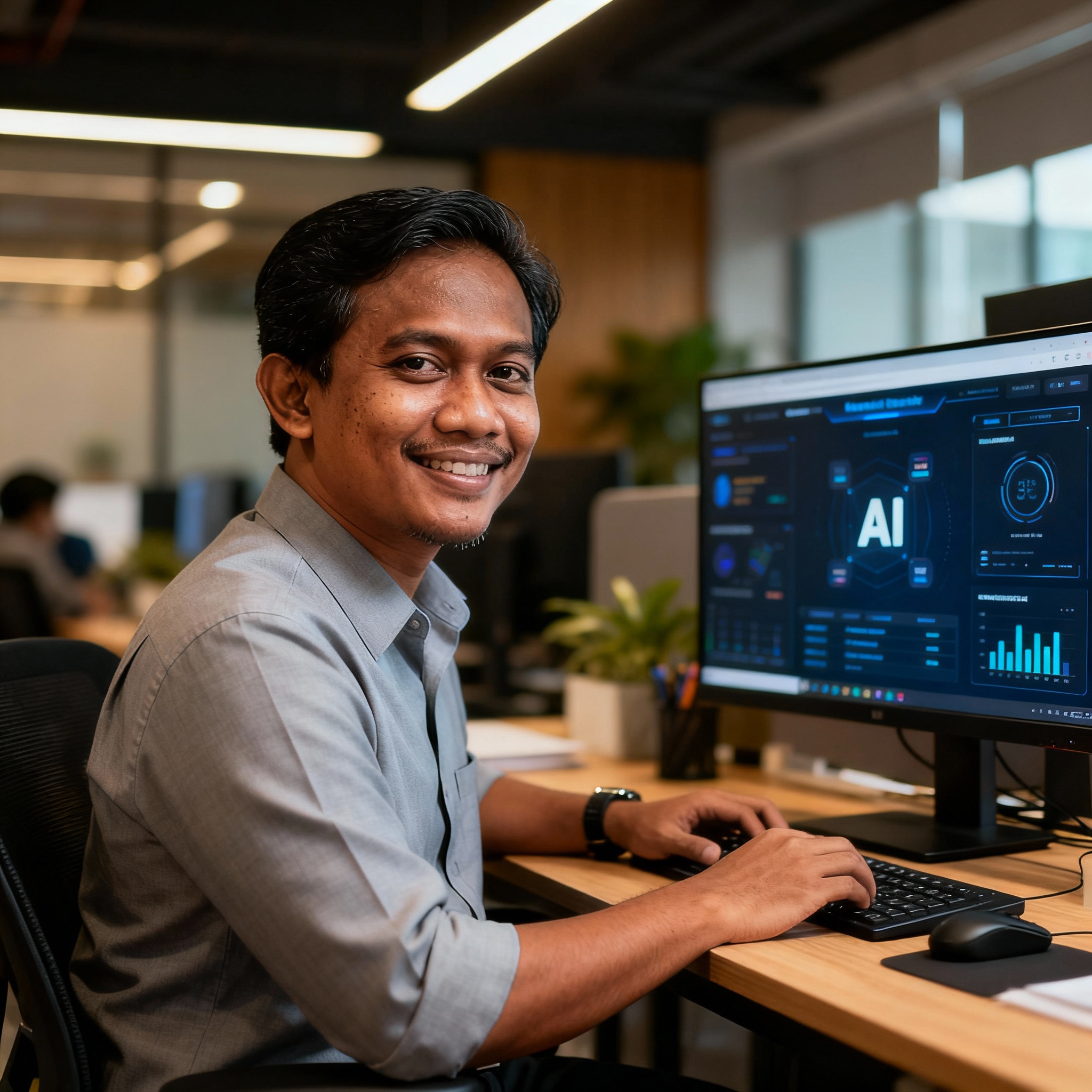 photo of Malaysian SME owner using AI dashboard, warm office lighting, modern workspace, Malay looking confident
