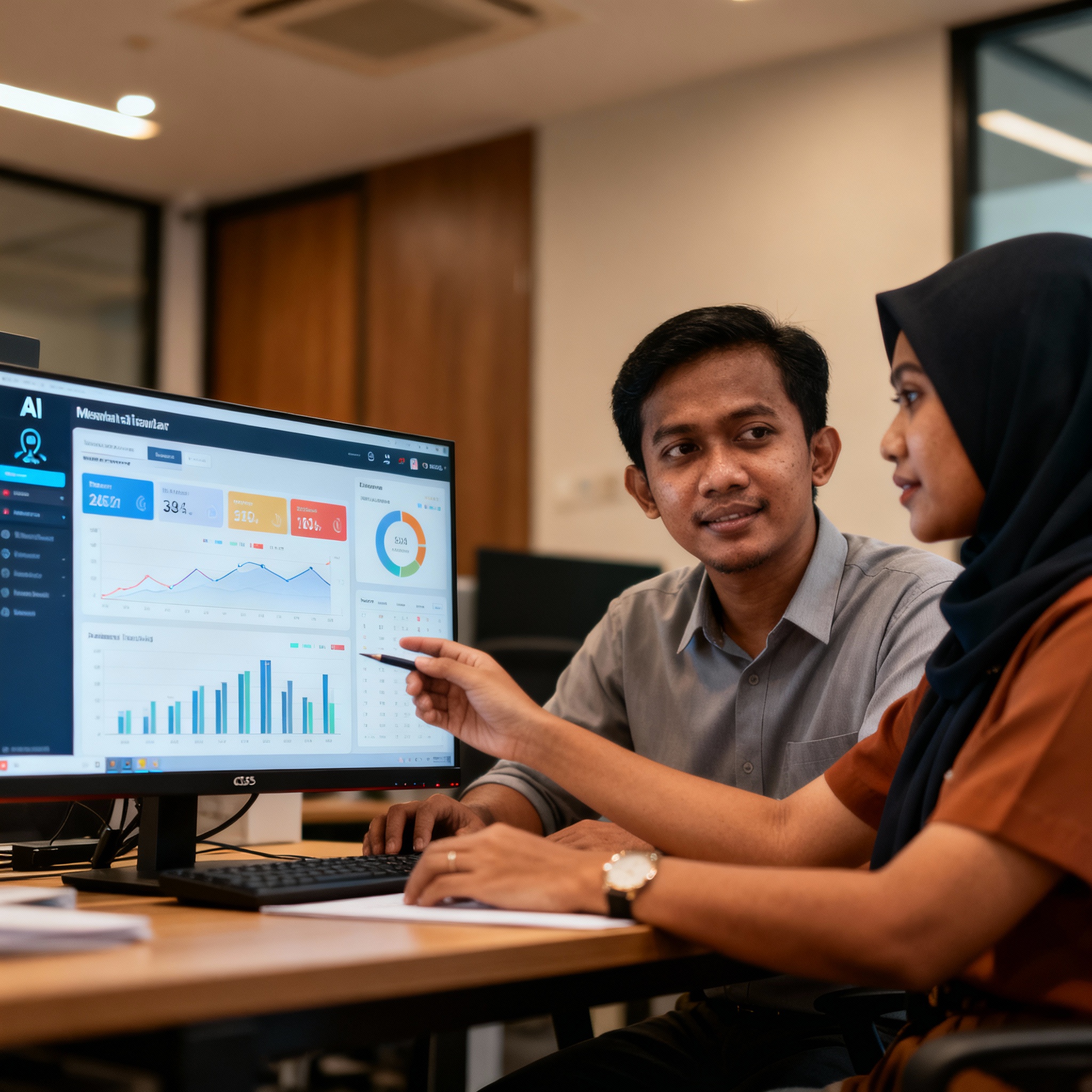 photo of Malaysian office with AI dashboard, warm lighting, setting, showing small business team analyzing data
