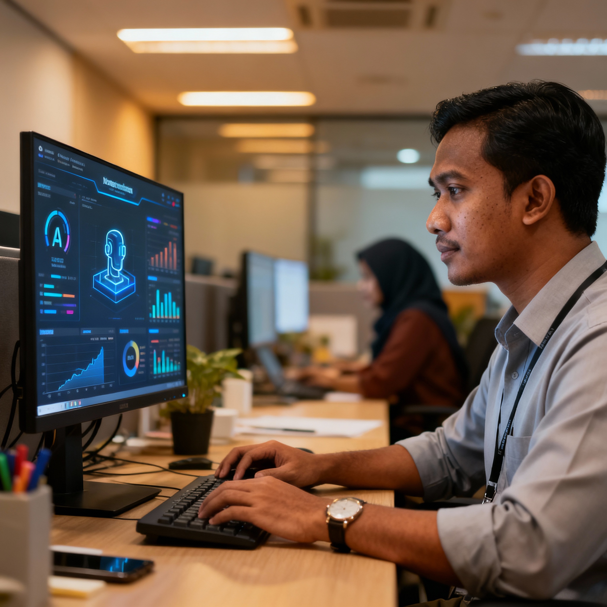 photo of Malaysian office with AI dashboard, warm lighting, setting, showing data visualization