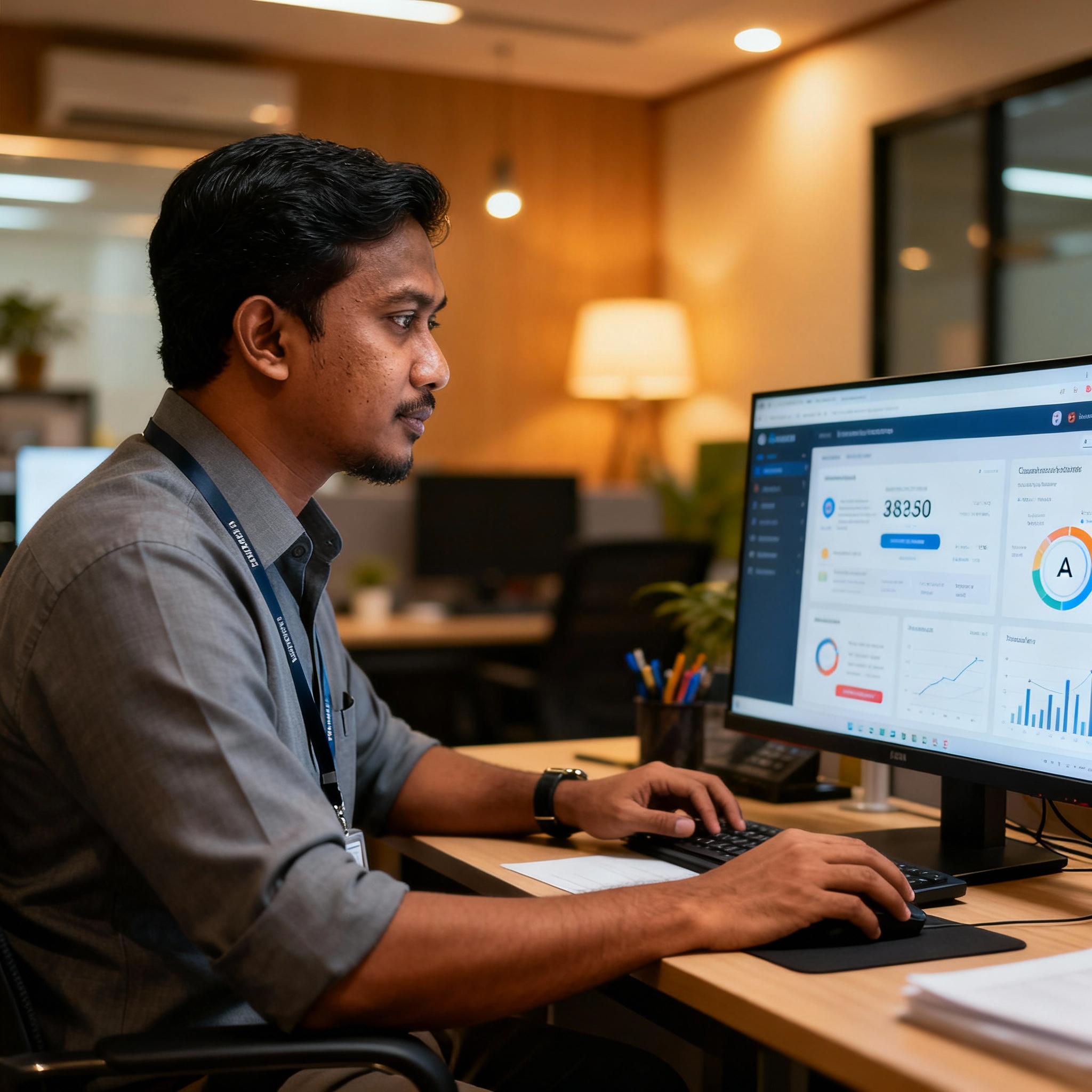 photo of Malaysian SME owner using AI marketing dashboard, warm office lighting, Malay business setting