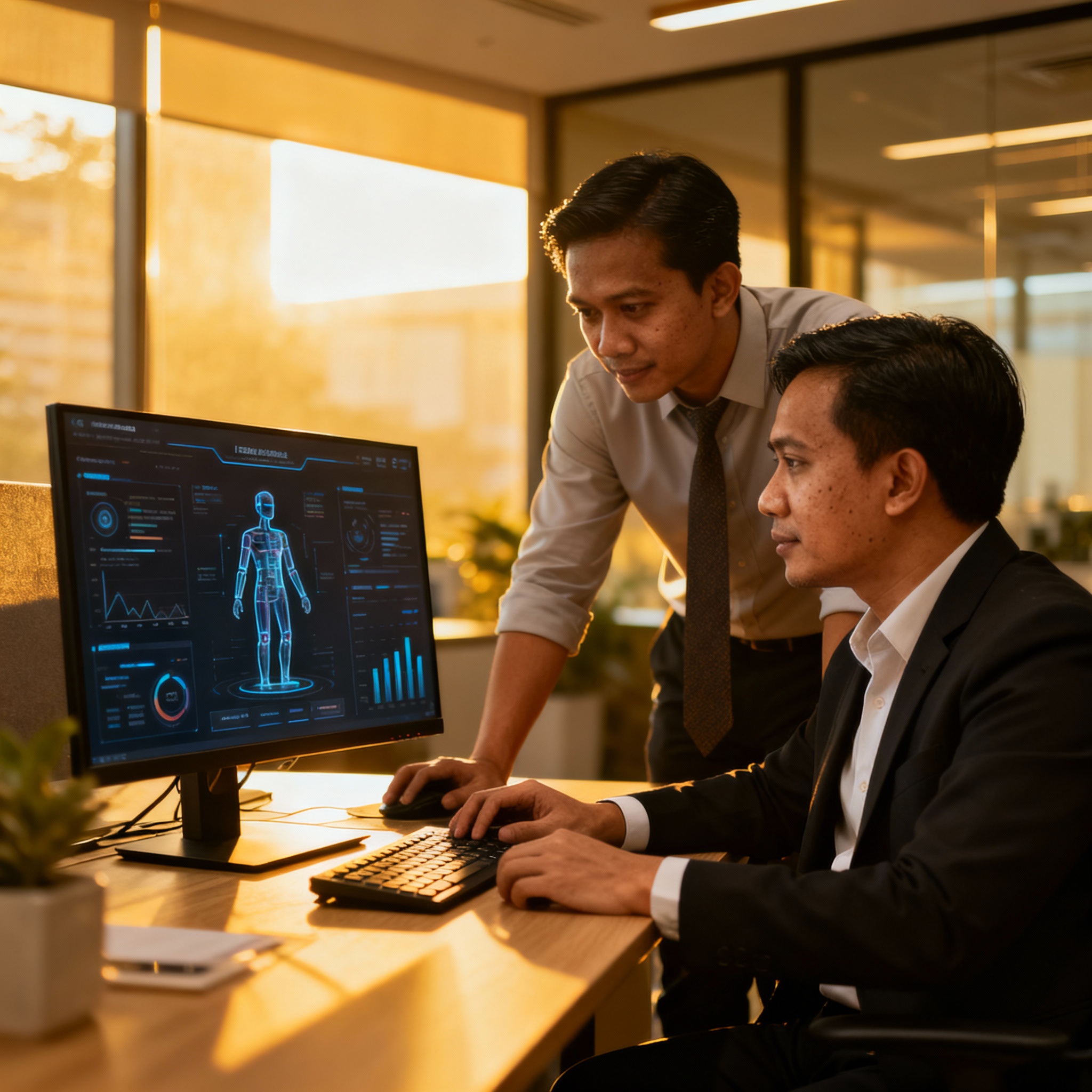 photo of Malaysian Chinese entrepreneurs collaborating with AI dashboard, warm lighting, modern office setting, attire