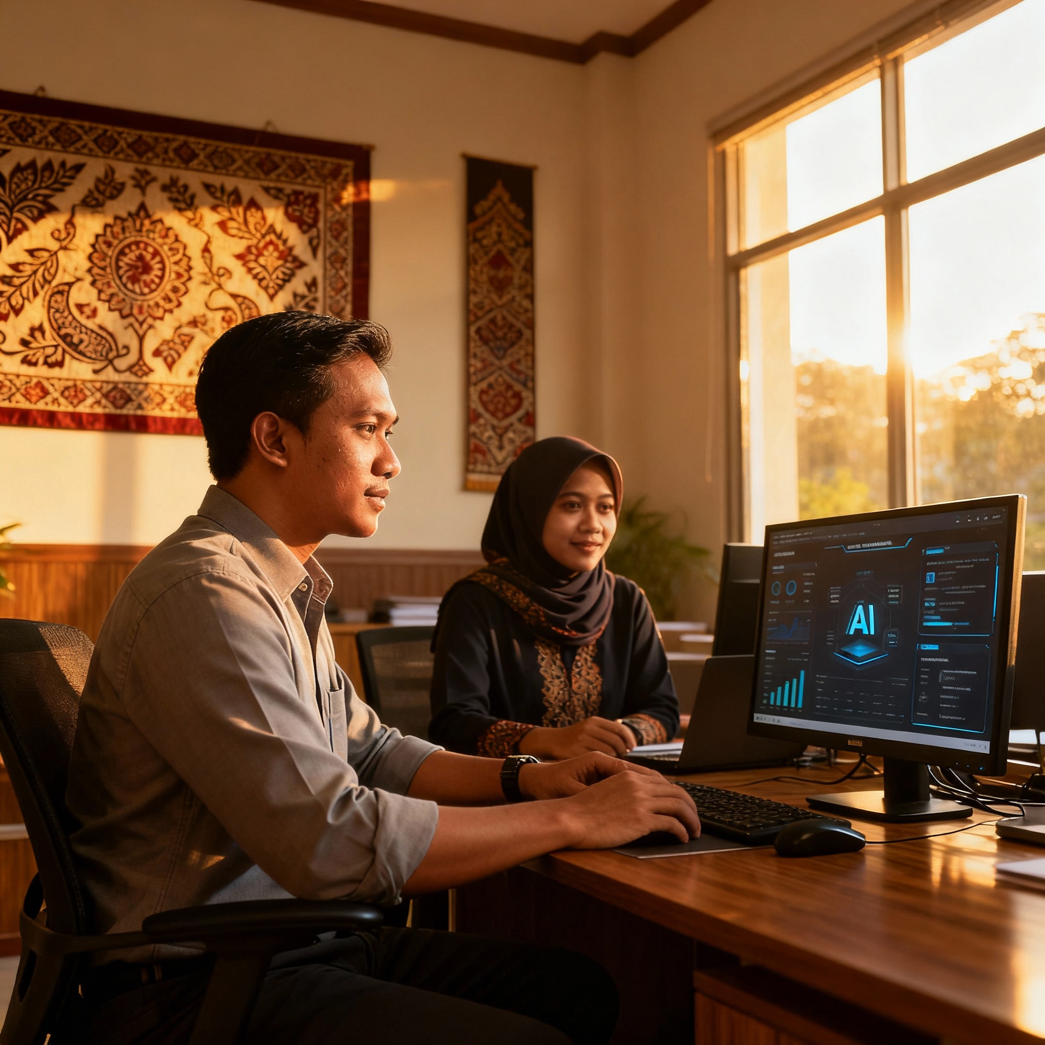 photo of Malaysian office with AI dashboard, warm lighting, setting