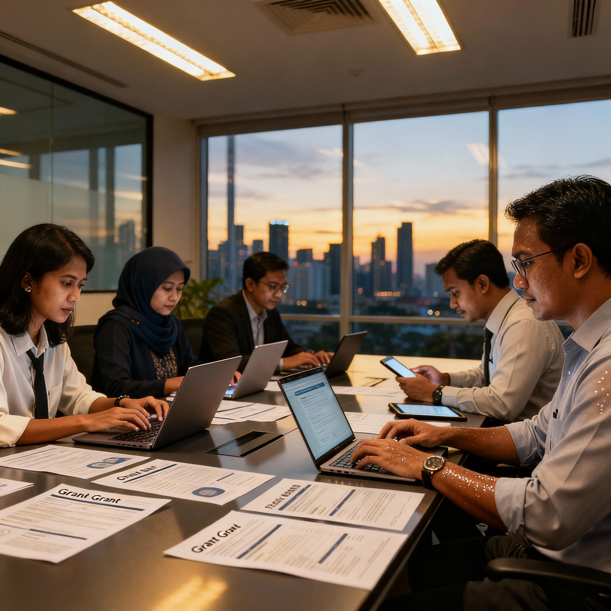 photo of Malaysian business team reviewing digital grant documents, modern office with city skyline background, atmosphere
