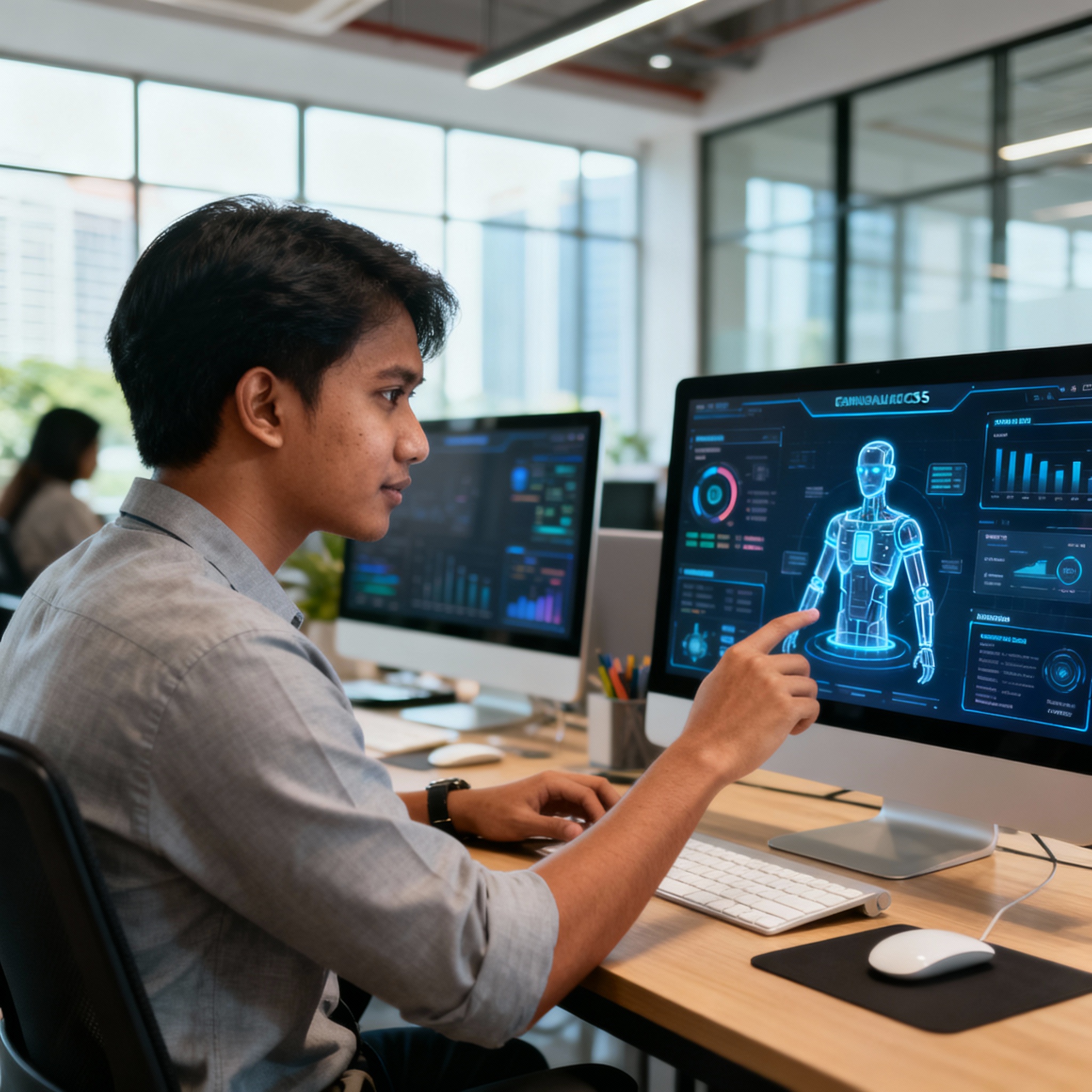 现代马来西亚办公室内部,年轻企业家正在与AI仪表板交互,明亮通透的设计,体现科技感