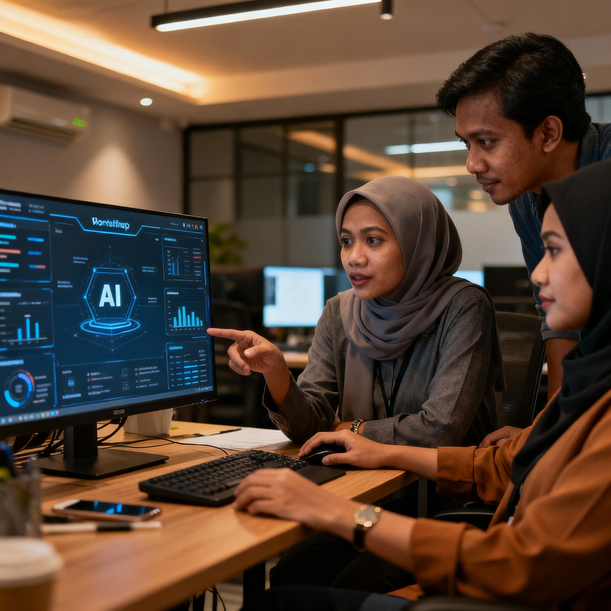 photo of Malaysian business team analyzing AI workflow dashboard, warm office lighting, modern tech environment