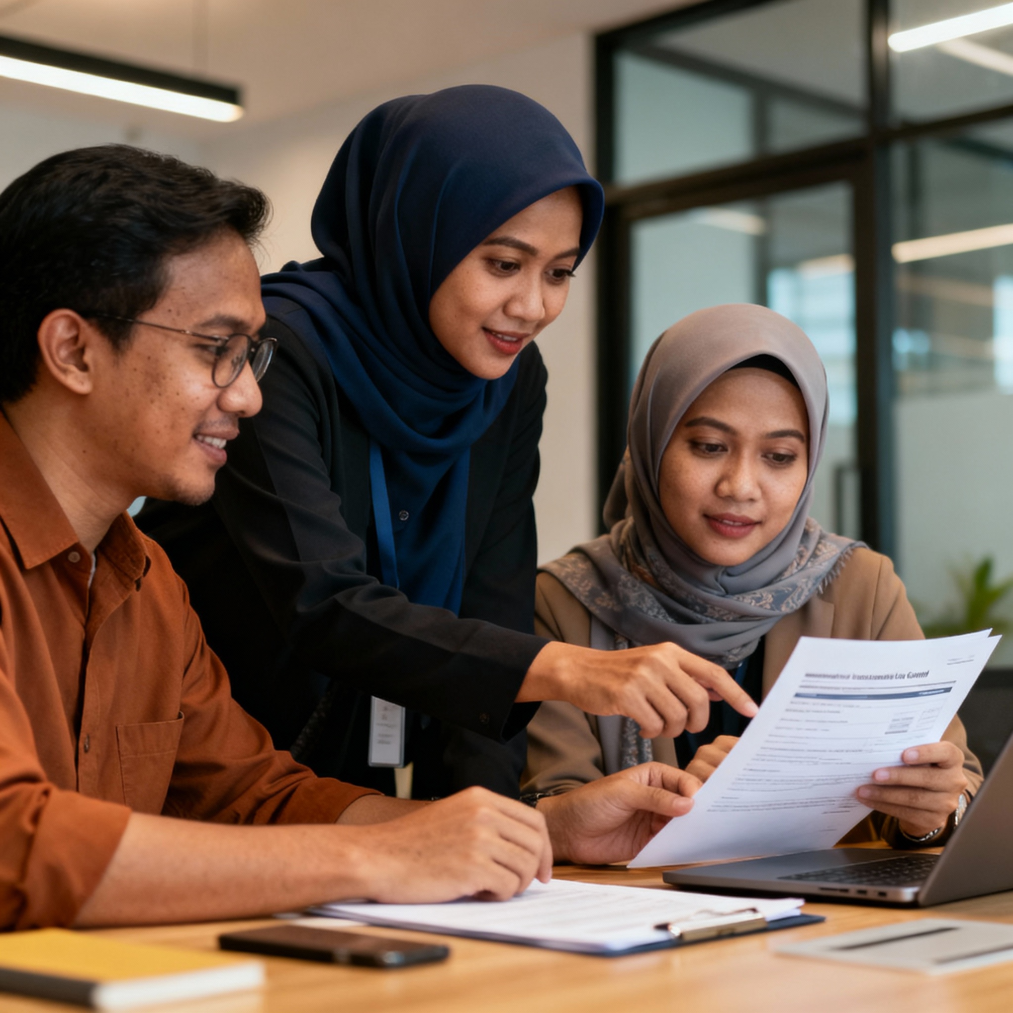 photo of Malaysian business team analyzing digital transformation grant documents in modern office, warm lighting, setting