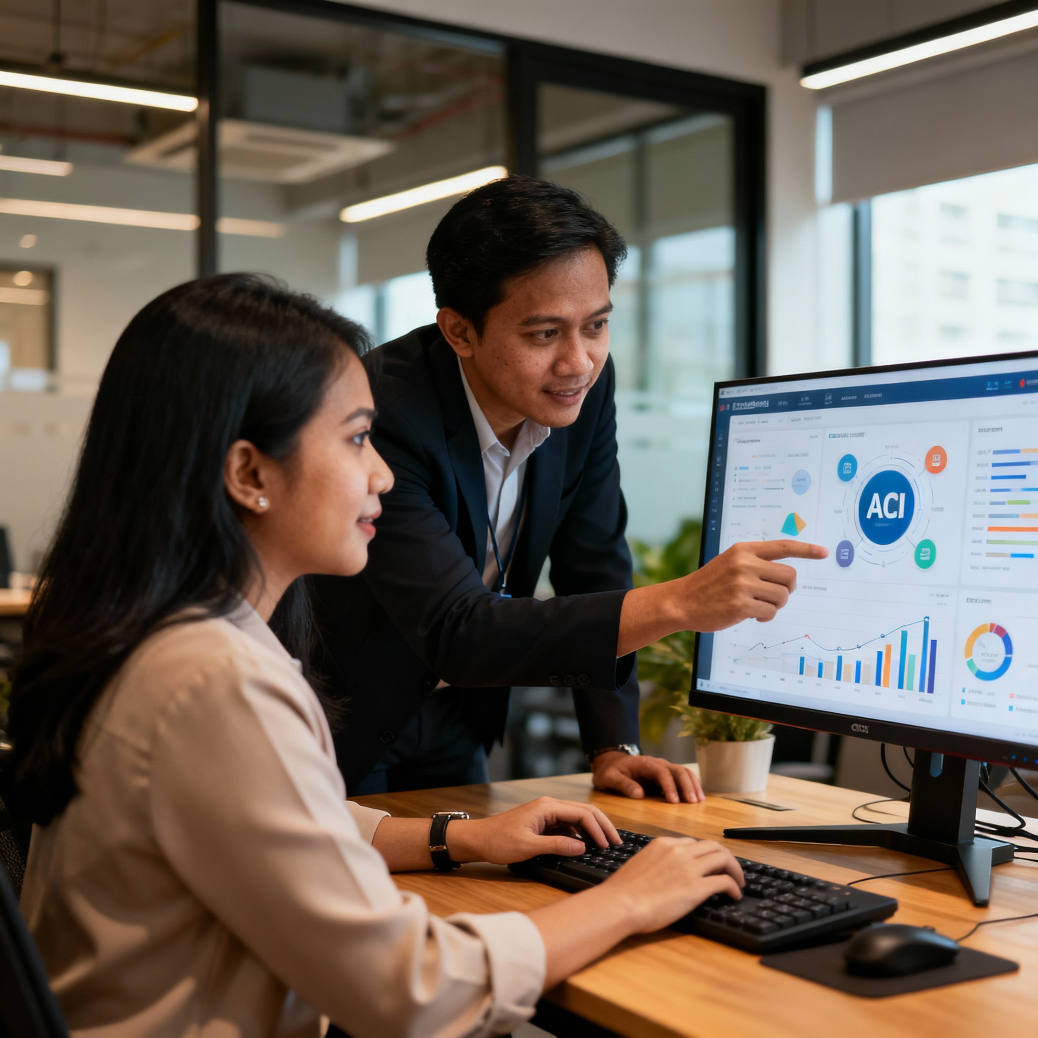 photo of Malaysian Chinese business team analyzing AI marketing dashboard in modern office, warm lighting, atmosphere