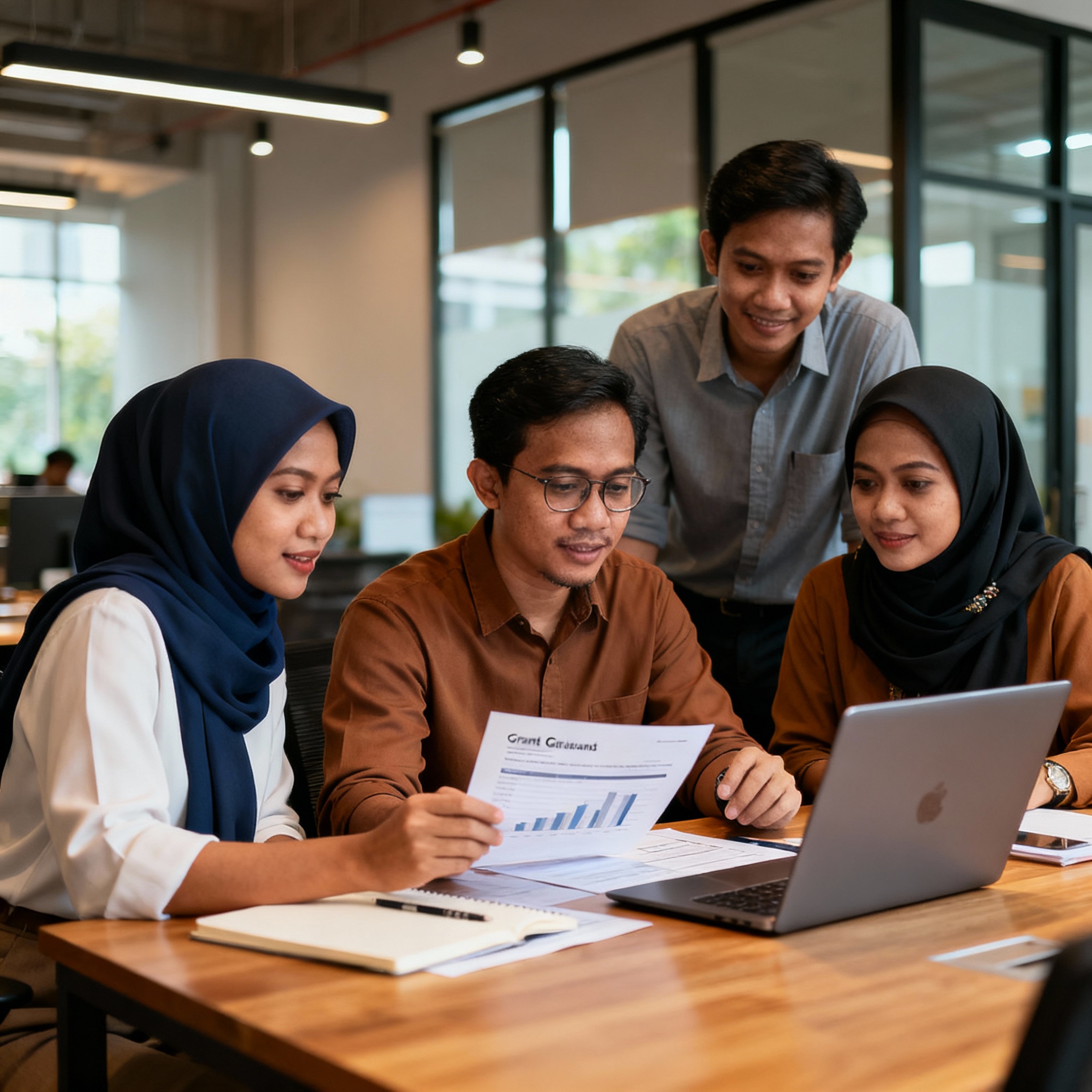 photo of Malaysian business team reviewing digital grant proposal, modern office with technology elements, warm lighting