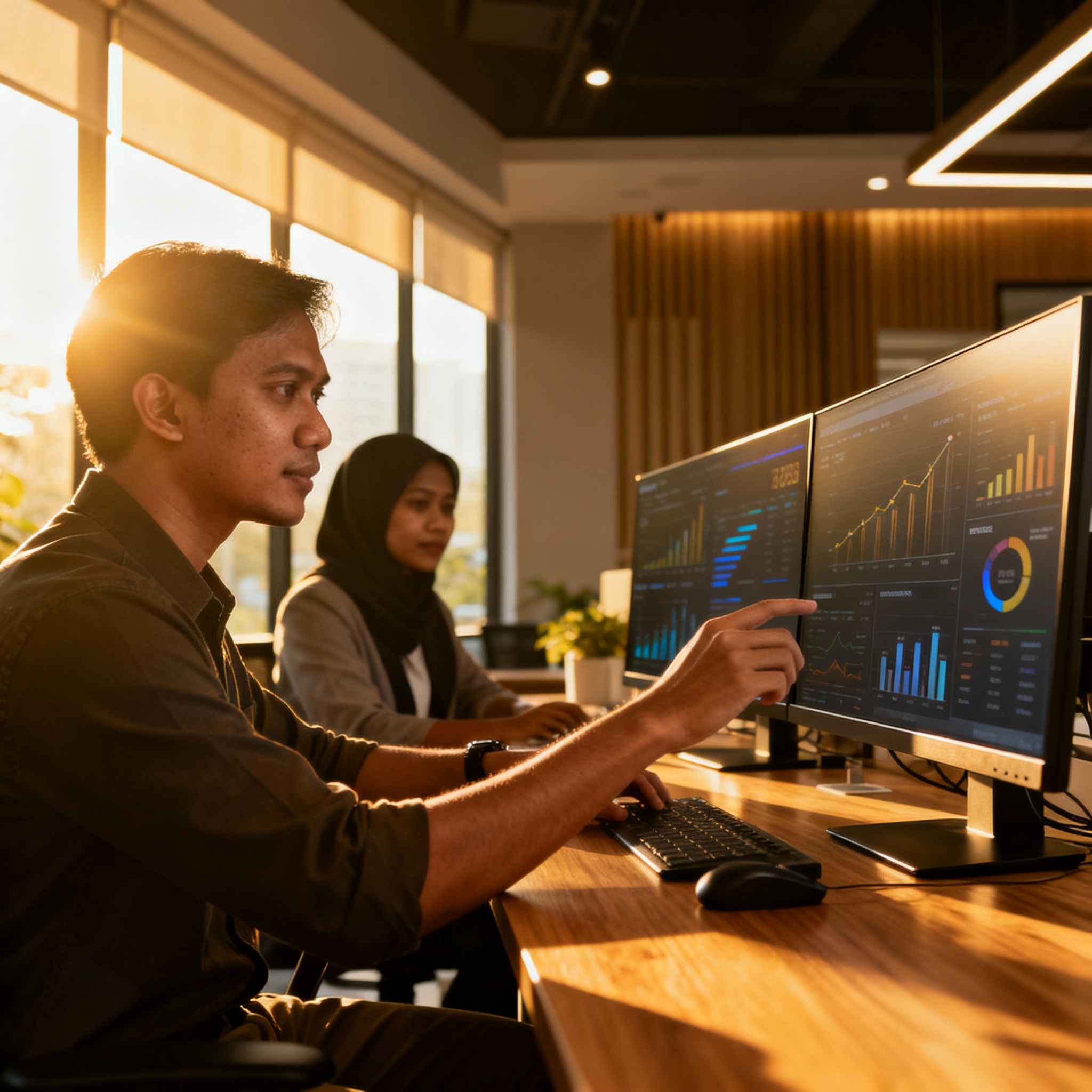 现代马来西亚办公室内部,工作人员正在查看数字仪表板,温暖的光线,专业的商务氛围