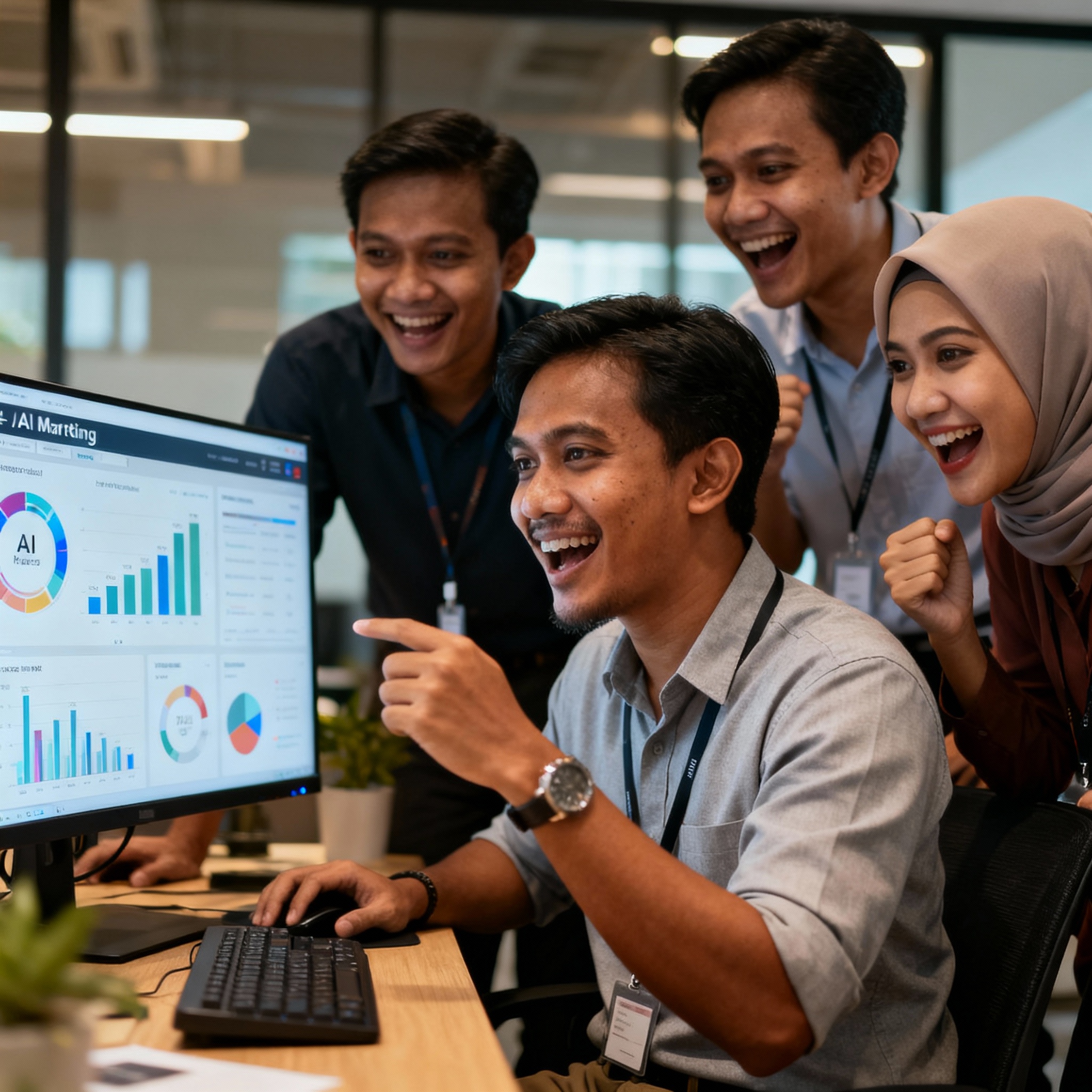 photo of Malaysian business team analyzing AI marketing dashboard, warm office lighting, diverse team looking excited