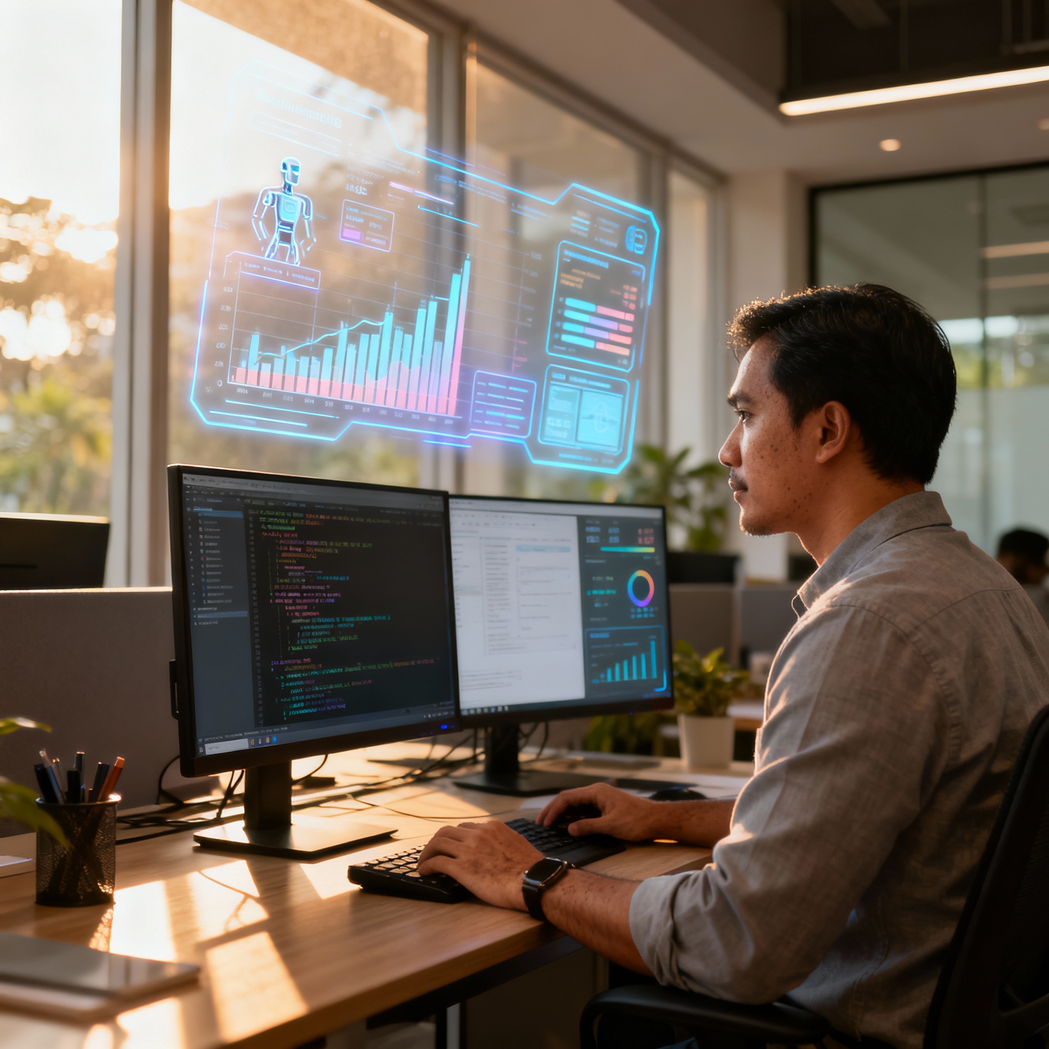 现代马来西亚办公室内部,全息AI仪表板,温暖光线,专业氛围