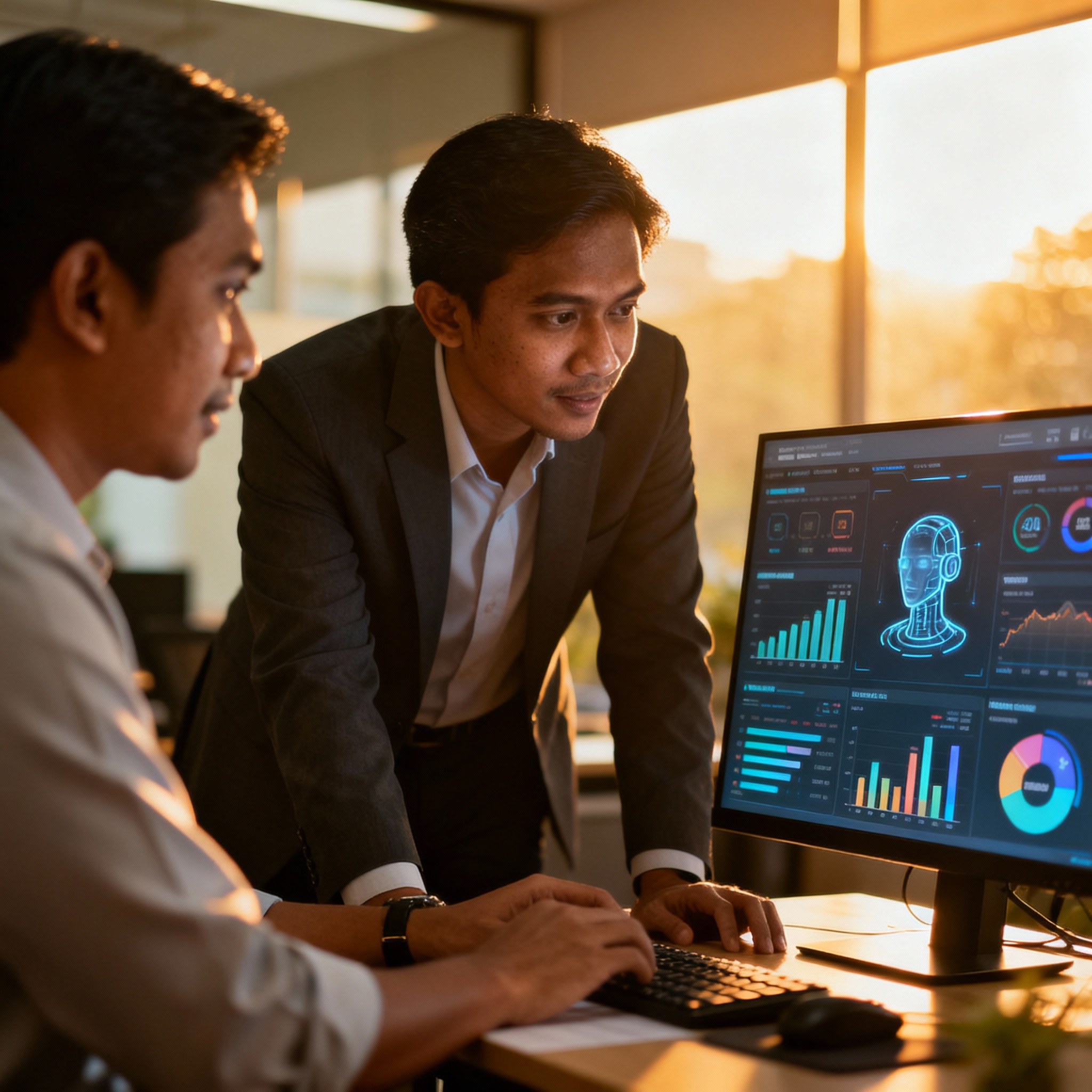photo of Malaysian office with AI dashboard, warm lighting, setting, showing data analytics and marketing insights