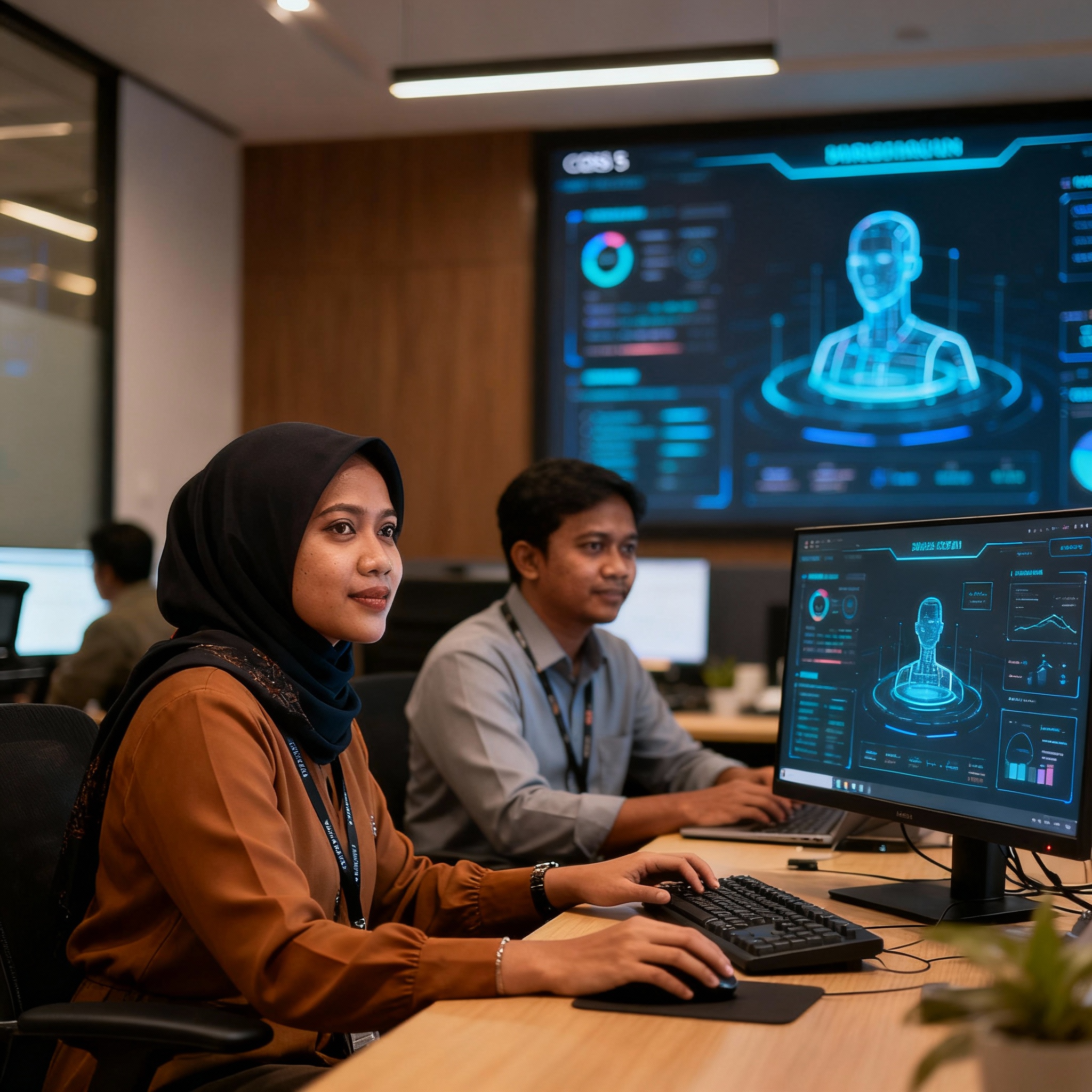 photo of Malaysian office with AI dashboard, warm lighting, setting, modern tech environment