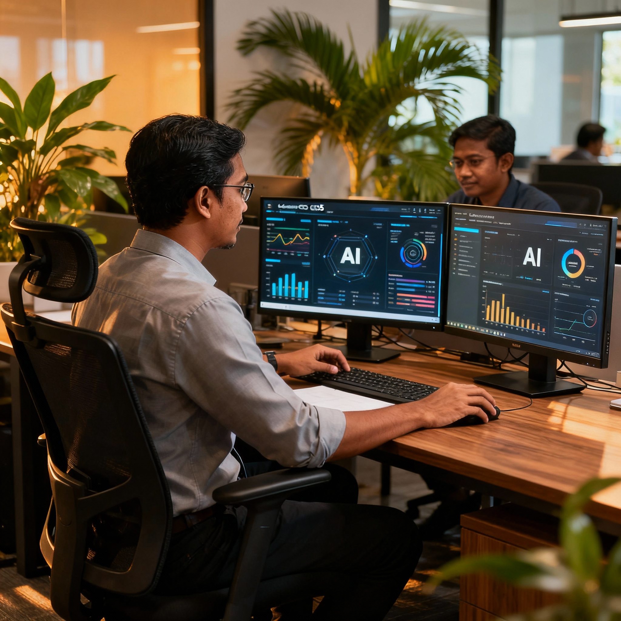 photo of Malaysian office with AI dashboard, warm lighting, setting...