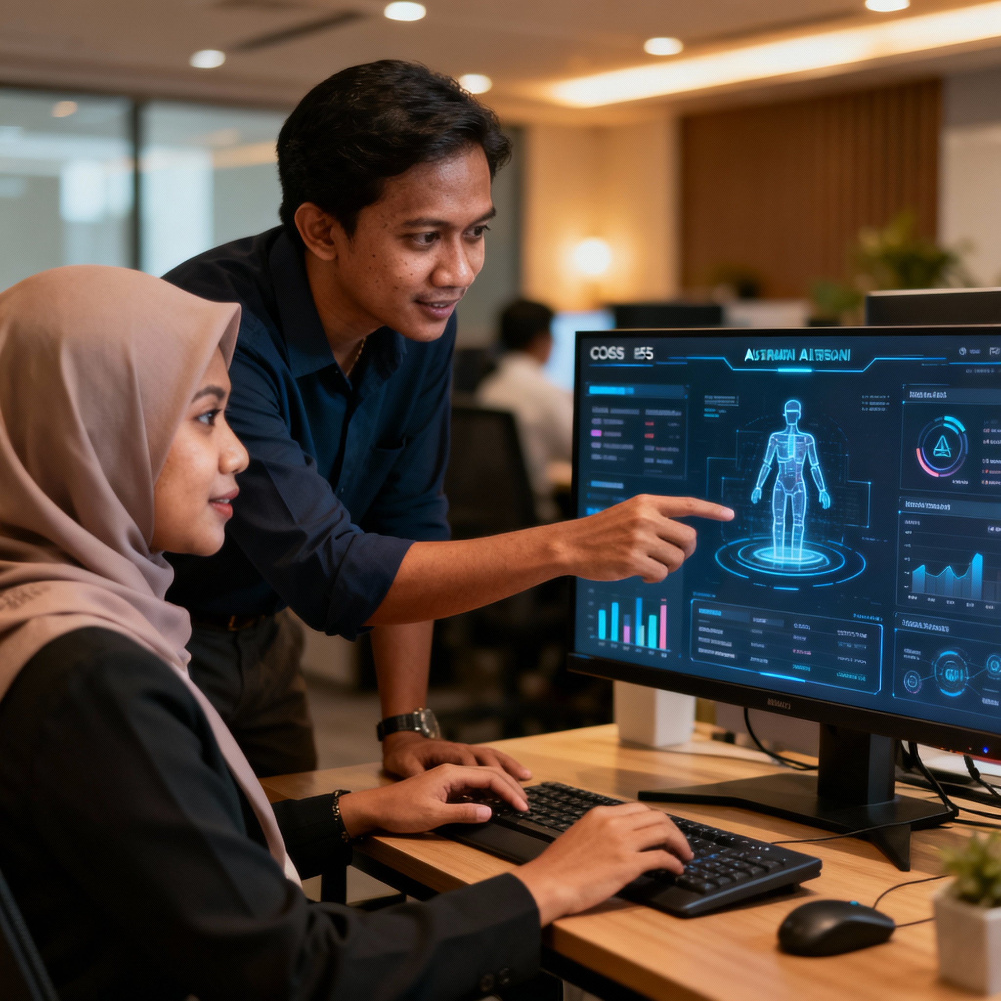 photo of Malaysian office with AI dashboard, warm lighting, setting, showing team collaborating around technology