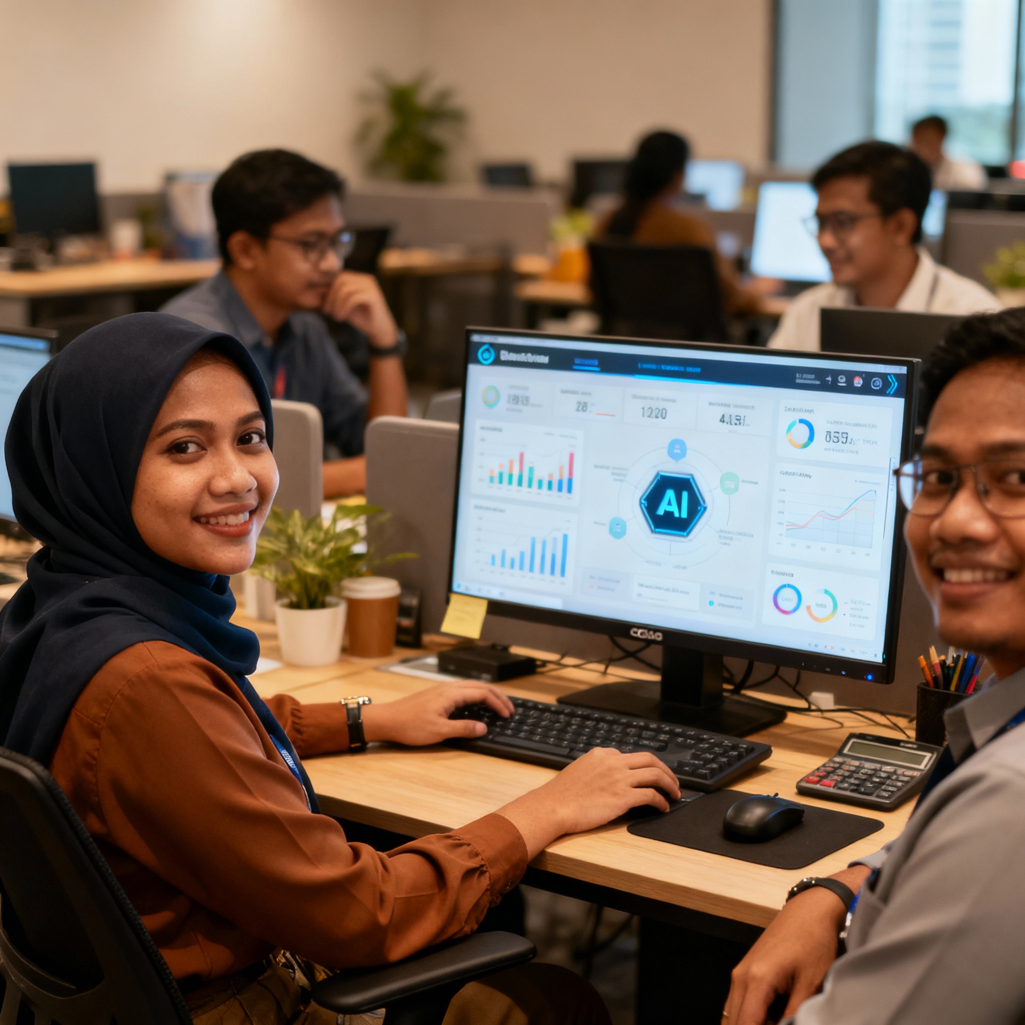 photo of Malaysian office with AI dashboard showing marketing analytics, warm lighting