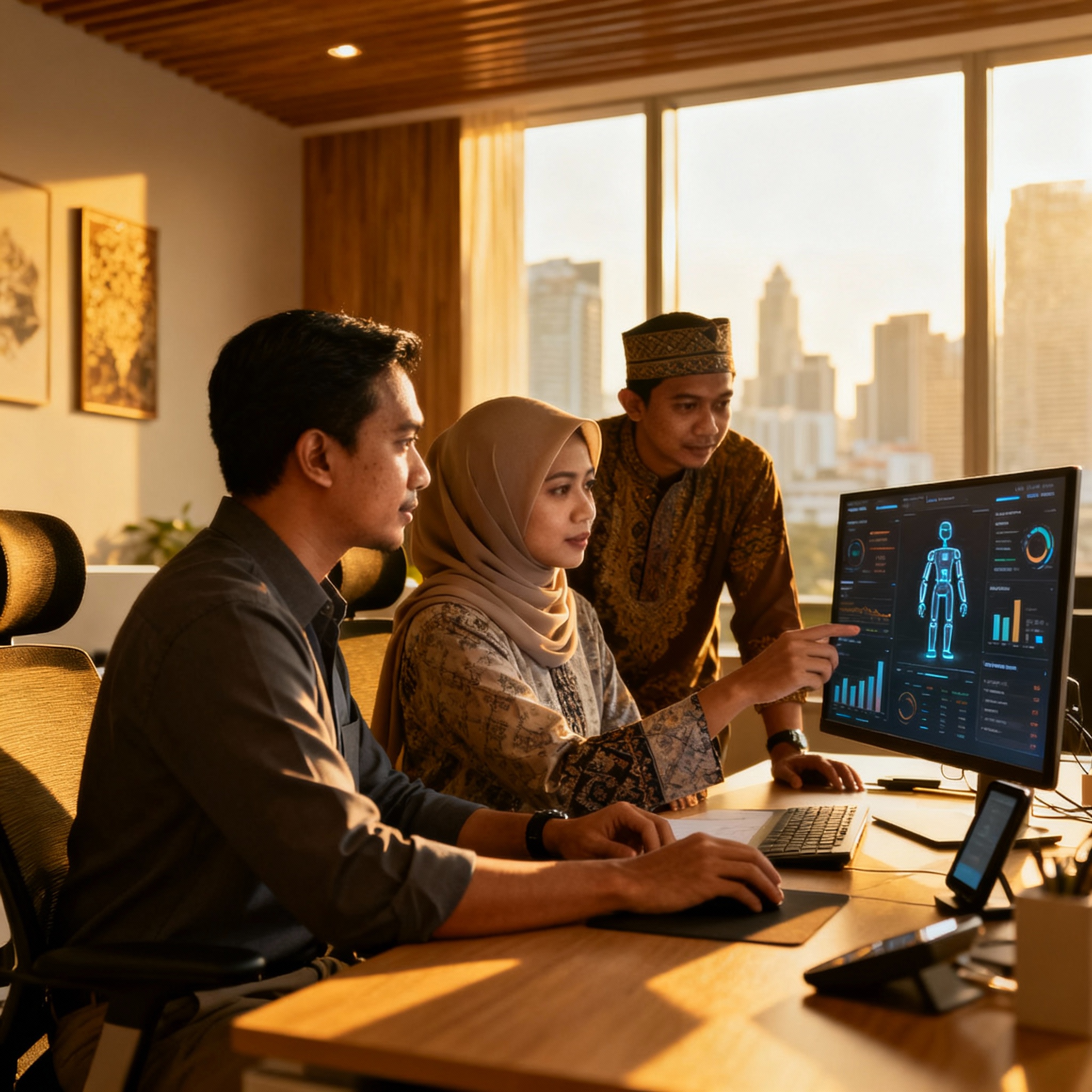 photo of Malaysian office with AI dashboard, warm lighting, setting, modern technology integration