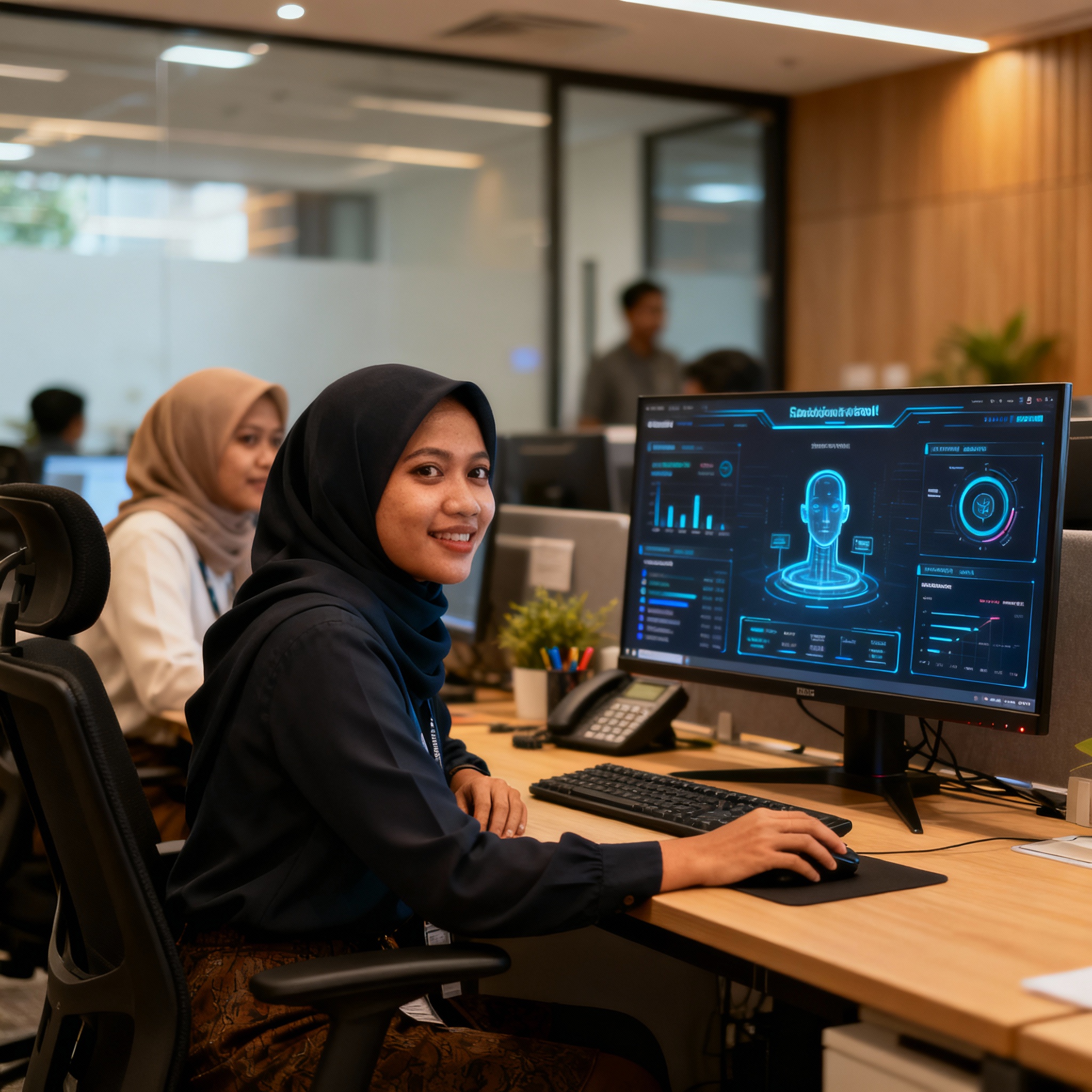 photo of Malaysian office with AI dashboard, warm lighting, setting, modern tech integration