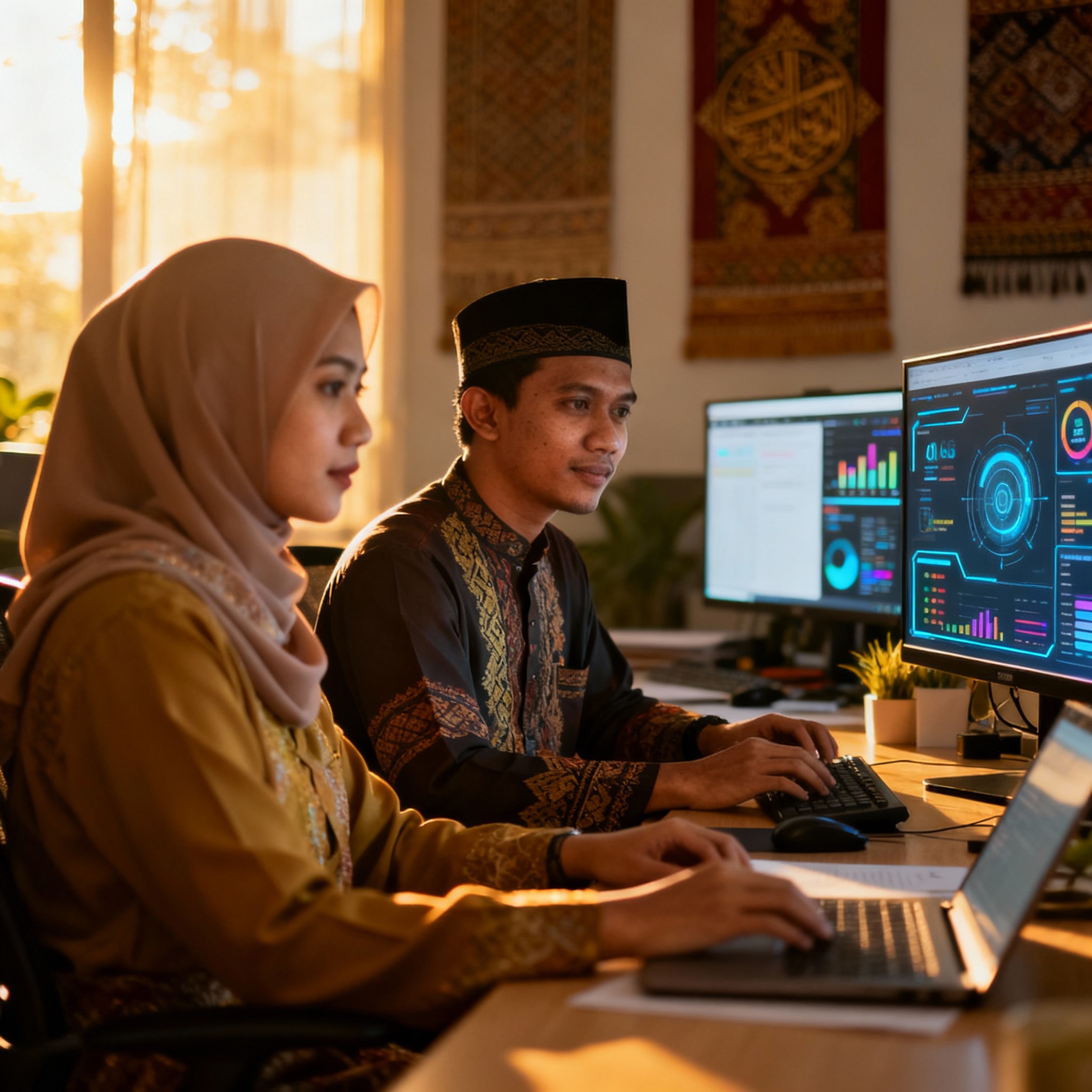 photo of Malaysian office with AI dashboard, warm lighting, setting, focus on local business atmosphere