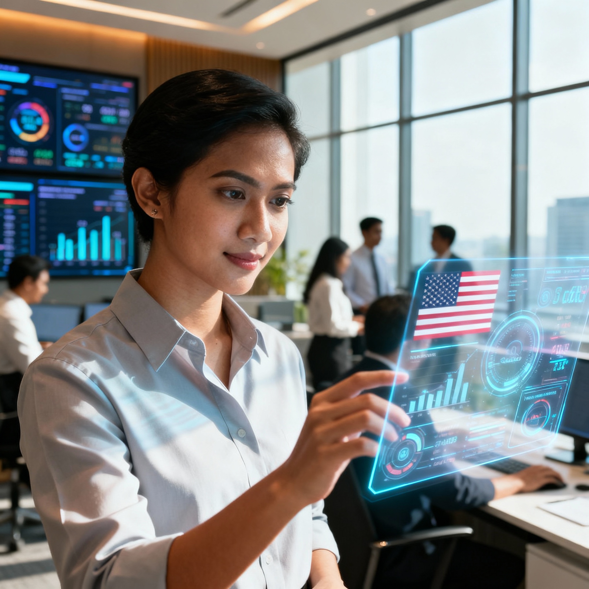 现代马来西亚办公室内部,科技感十足的数字仪表盘,温暖明亮的灯光,专业商务氛围