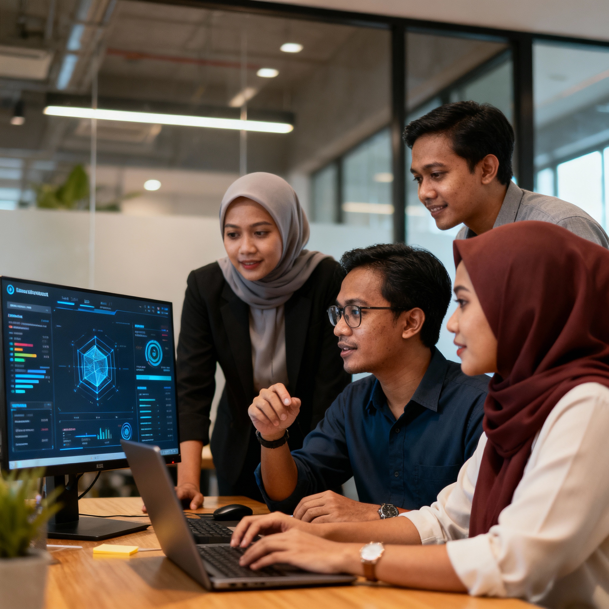 photo of Malaysian marketing team analyzing AI dashboard, modern office, warm lighting, technology-focused