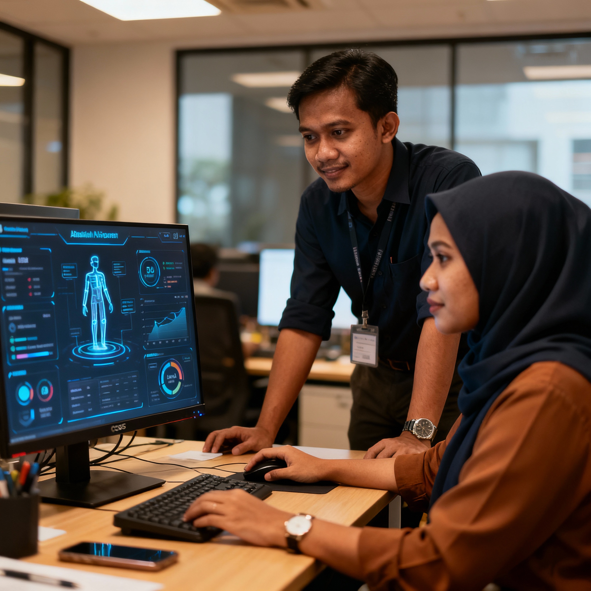 photo of Malaysian office with AI dashboard, warm lighting, setting, modern technology integration