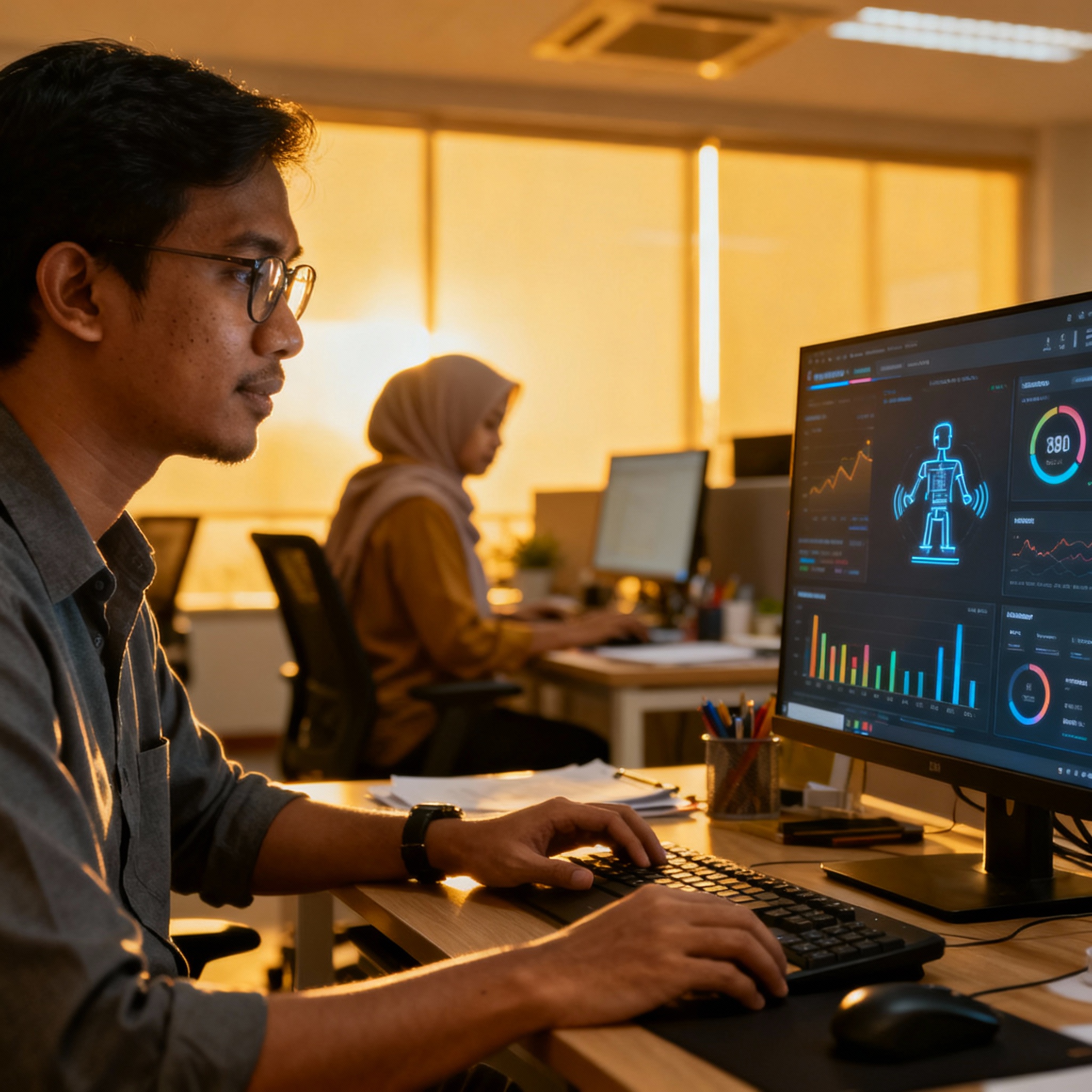 photo of Malaysian office with AI dashboard, warm lighting, setting, showcasing digital marketing technology