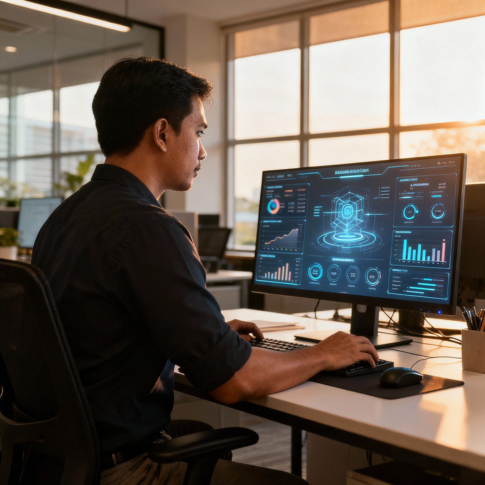 现代马来西亚办公室内部,AI仪表盘投影,温暖光线,专业氛围