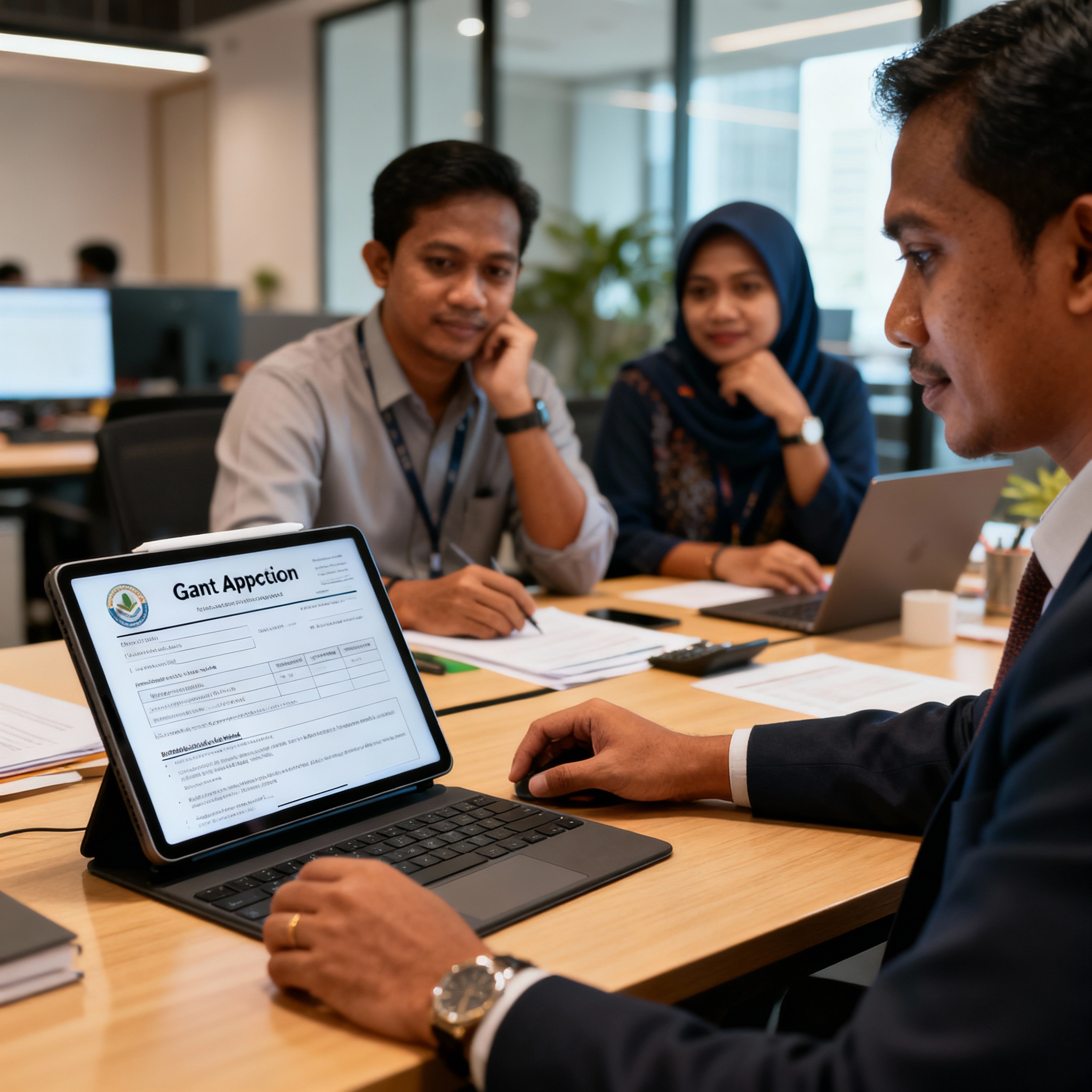 photo of Malaysian office with digital grant approval document, warm lighting, setting, modern workspace