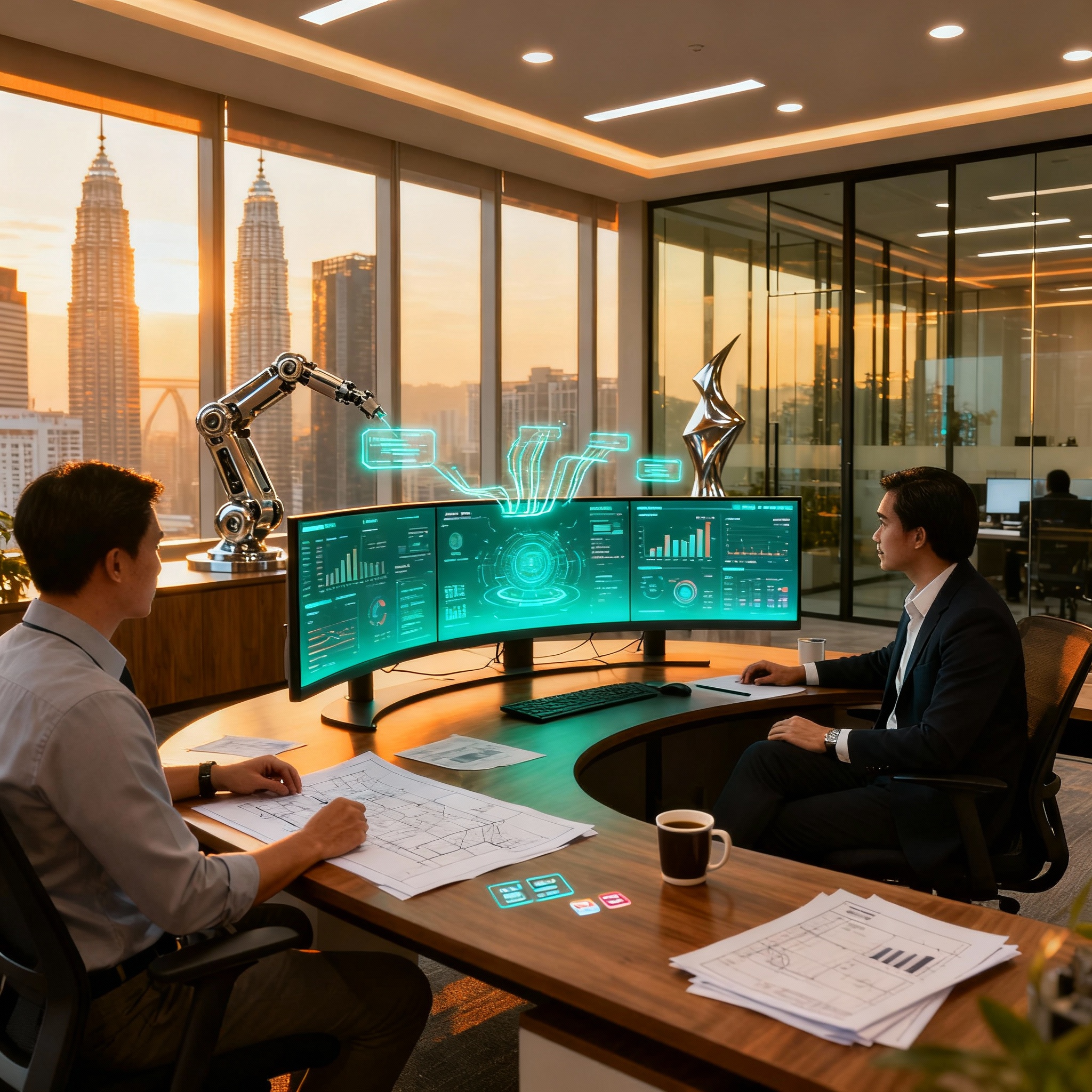 Ruang pejabat moden di Kuala Lumpur dengan dashboard automasi AI, pencahayaan hangat, suasana profesional