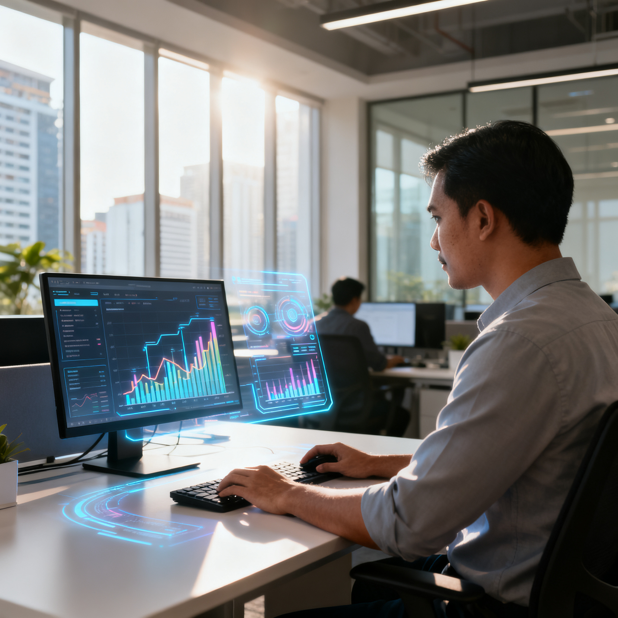 充满科技感的马来西亚现代办公室,全息AI营销仪表板,专业但富有未来感