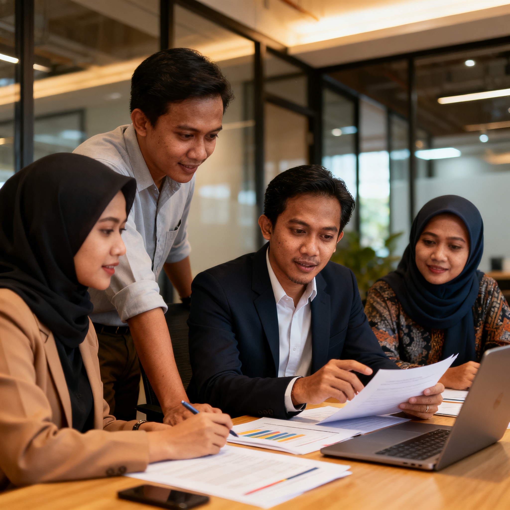 photo of Malaysian entrepreneurs in modern office, analyzing digital transformation grant proposal, warm lighting