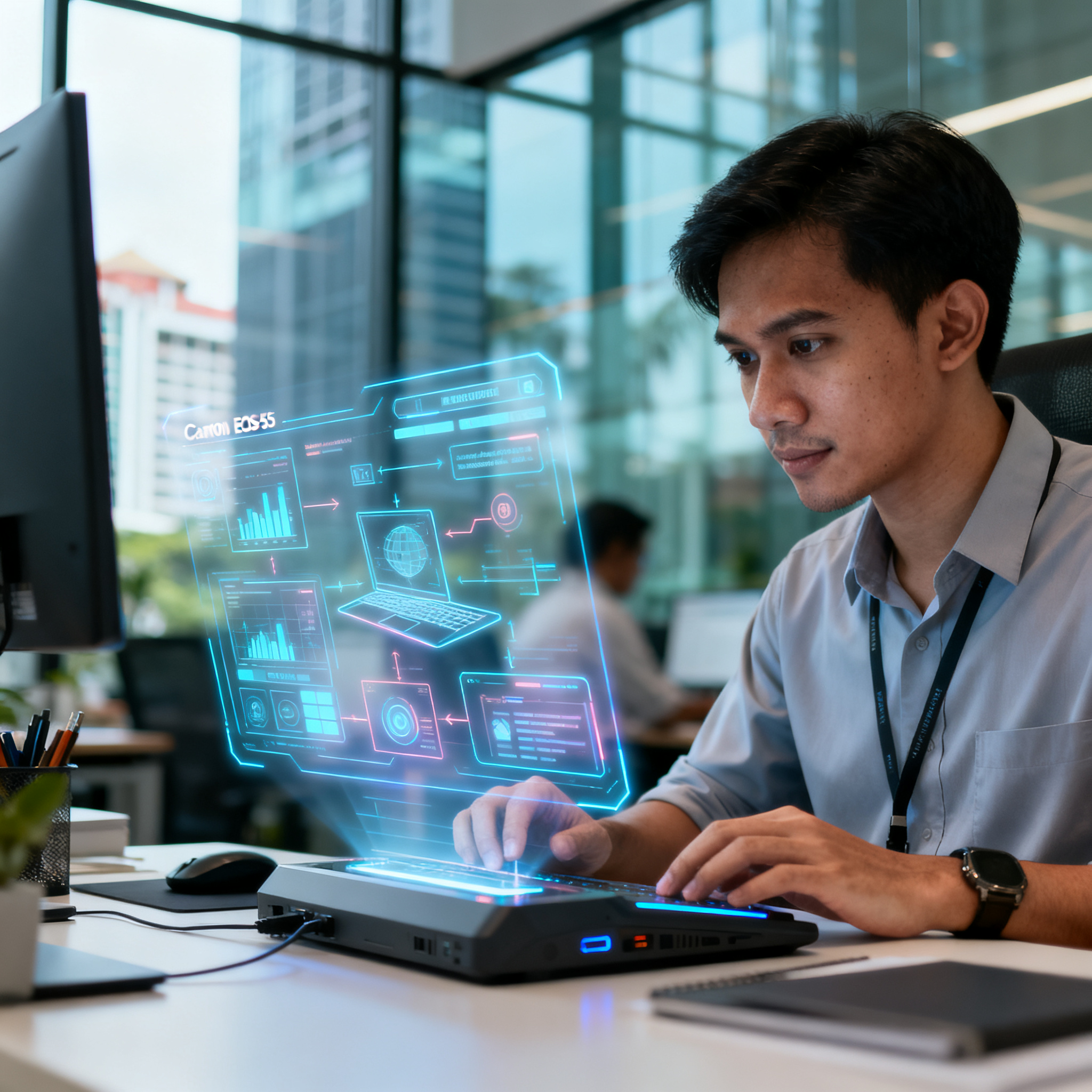 现代马来西亚办公室场景,全息投影显示企业工作流程,年轻专业人士正在使用先进技术