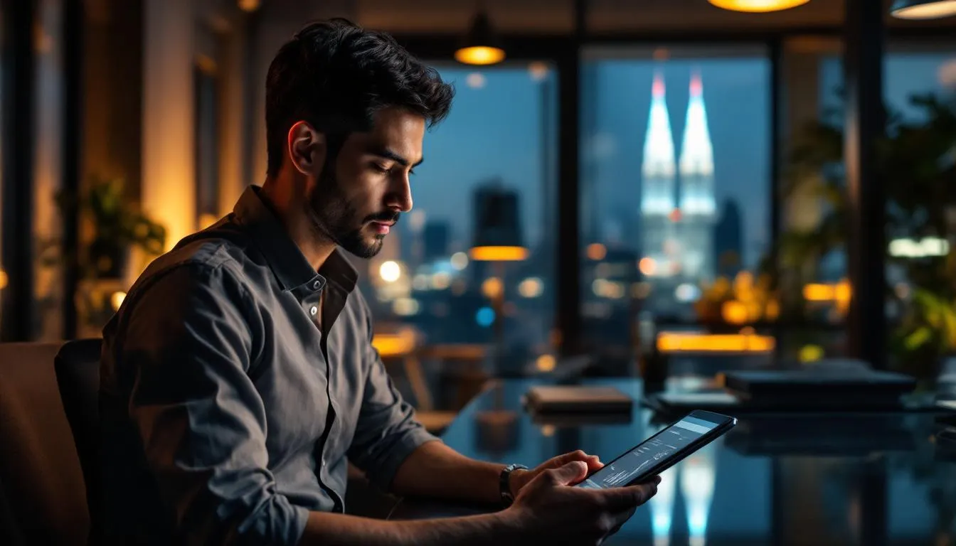 A Malaysian entrepreneur in a modern Kuala Lumpur office, looking at a tablet displaying a clean AI dashboard with RM (Rin...