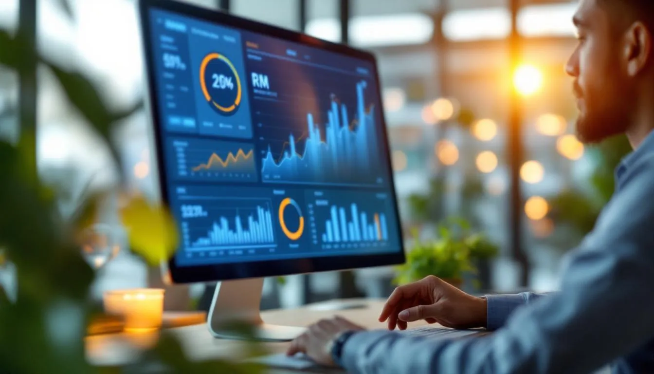 A Malaysian entrepreneur in a modern office in Kuala Lumpur, looking at a digital dashboard showing business growth in RM,...