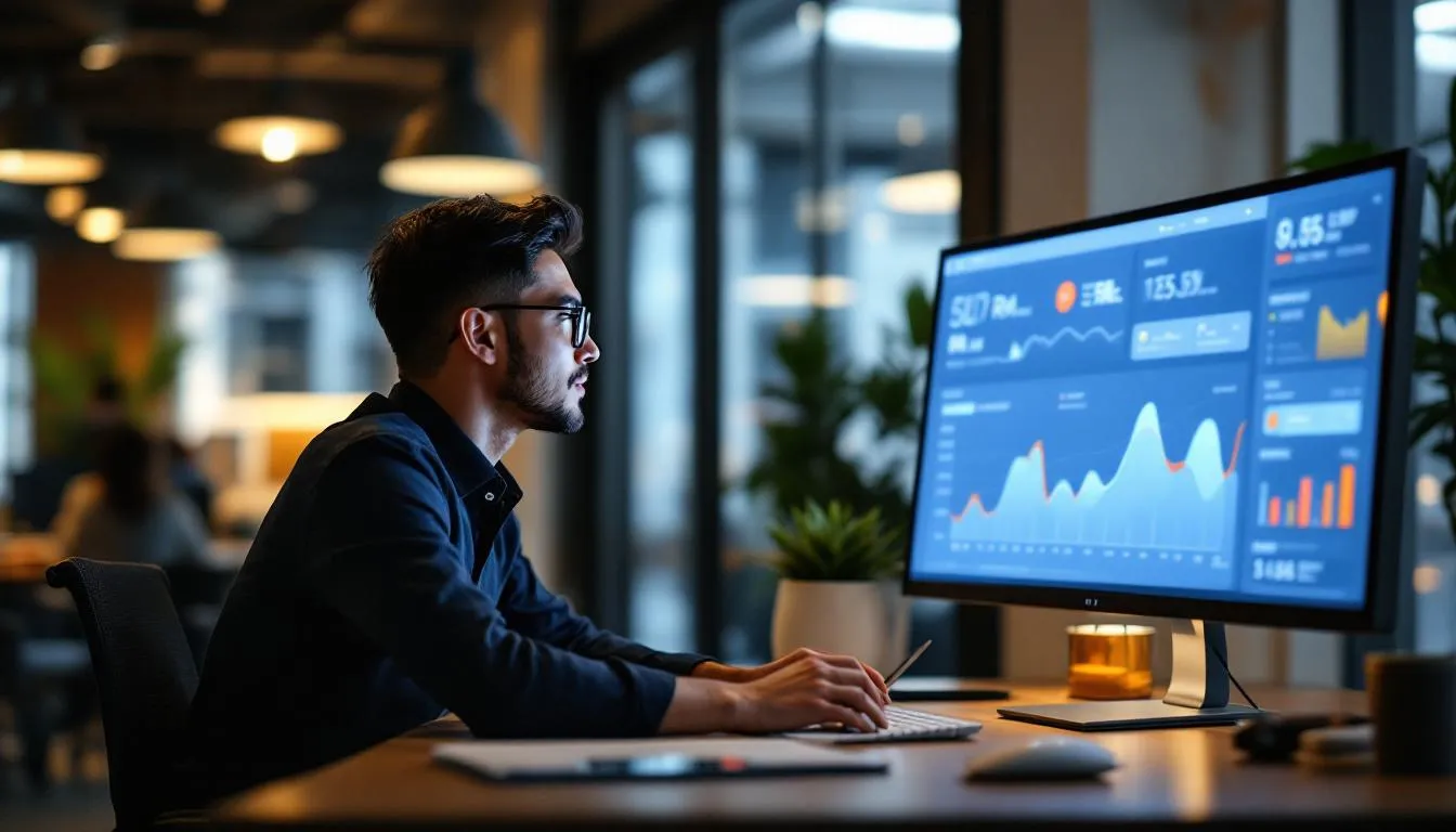 A Malaysian entrepreneur in a modern office in KL, looking at a digital dashboard showing RM growth and customer analytics...