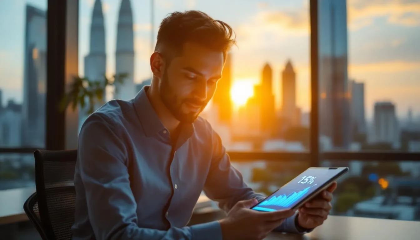 A Malaysian business owner in a bright KL office looking at a tablet showing a 15% increase in conversion rates, modern sk...