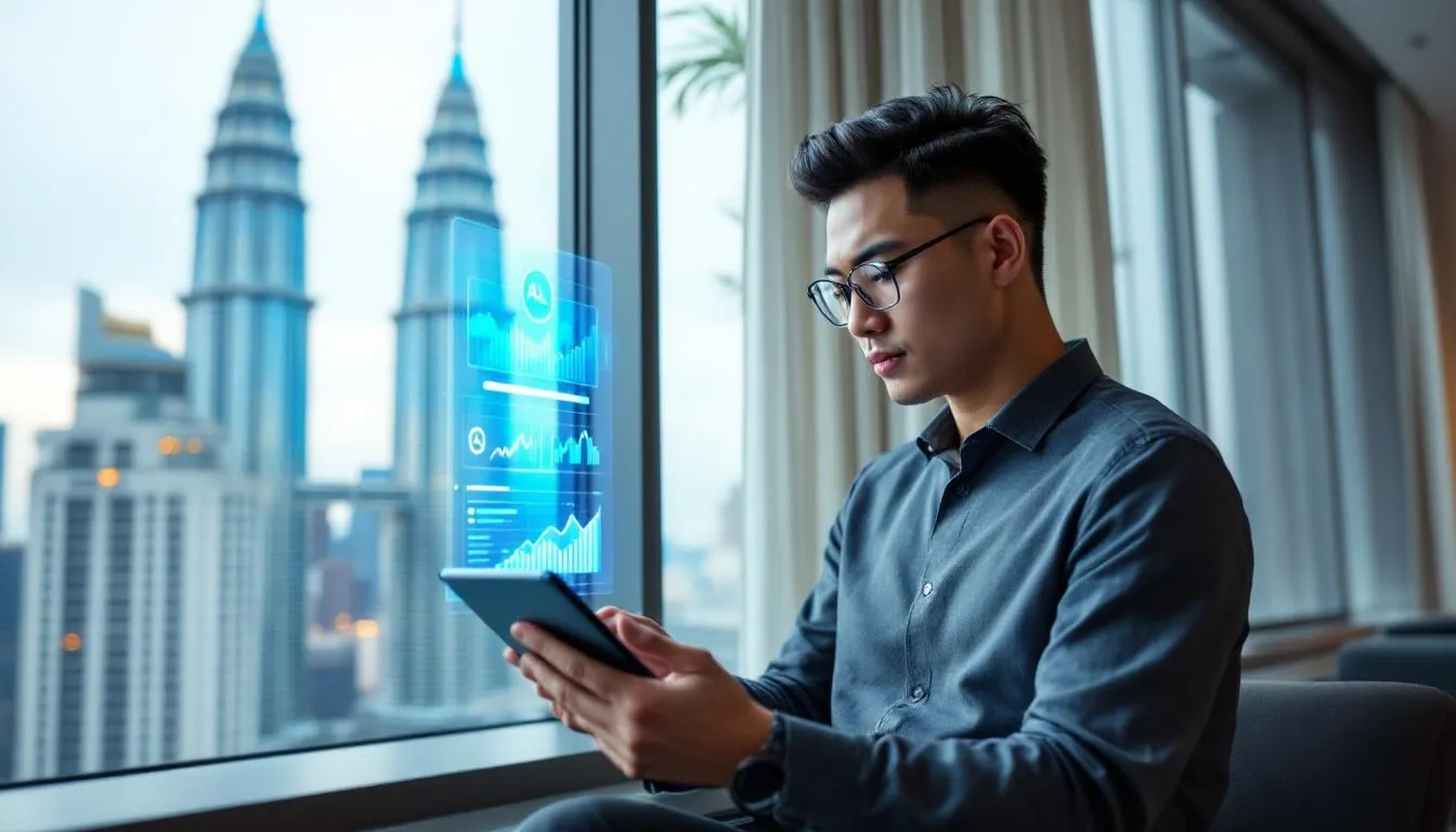 A modern Malaysian Chinese businessman in a stylish office in Kuala Lumpur, looking at a transparent digital tablet showin...