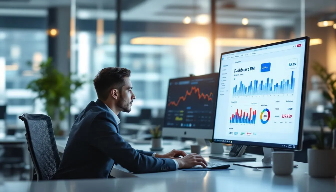 Foto sinematik pejabat PKS moden di Kuala Lumpur dengan latar belakang Menara KLCC, menunjukkan usahawan Bumiputera sedang...