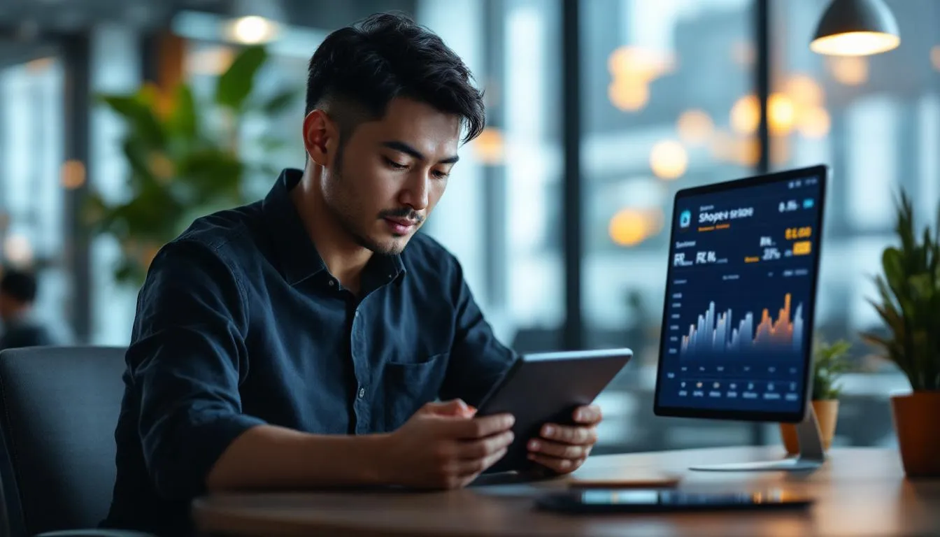 A Malaysian business owner in a modern Kuala Lumpur office, looking at a tablet displaying a 3D heatmap of a Shopee store ...